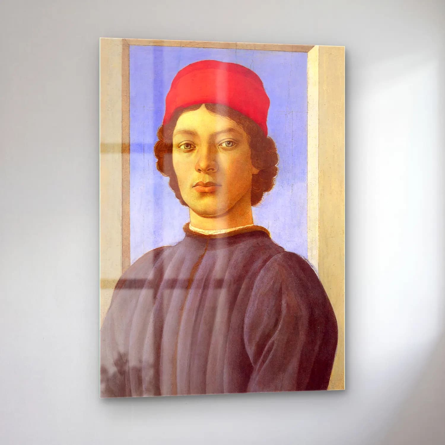 Sandro Botticelli – Erkek Portresi – Kırmızı Tonlar cam tablo — sol açıdan görünüm