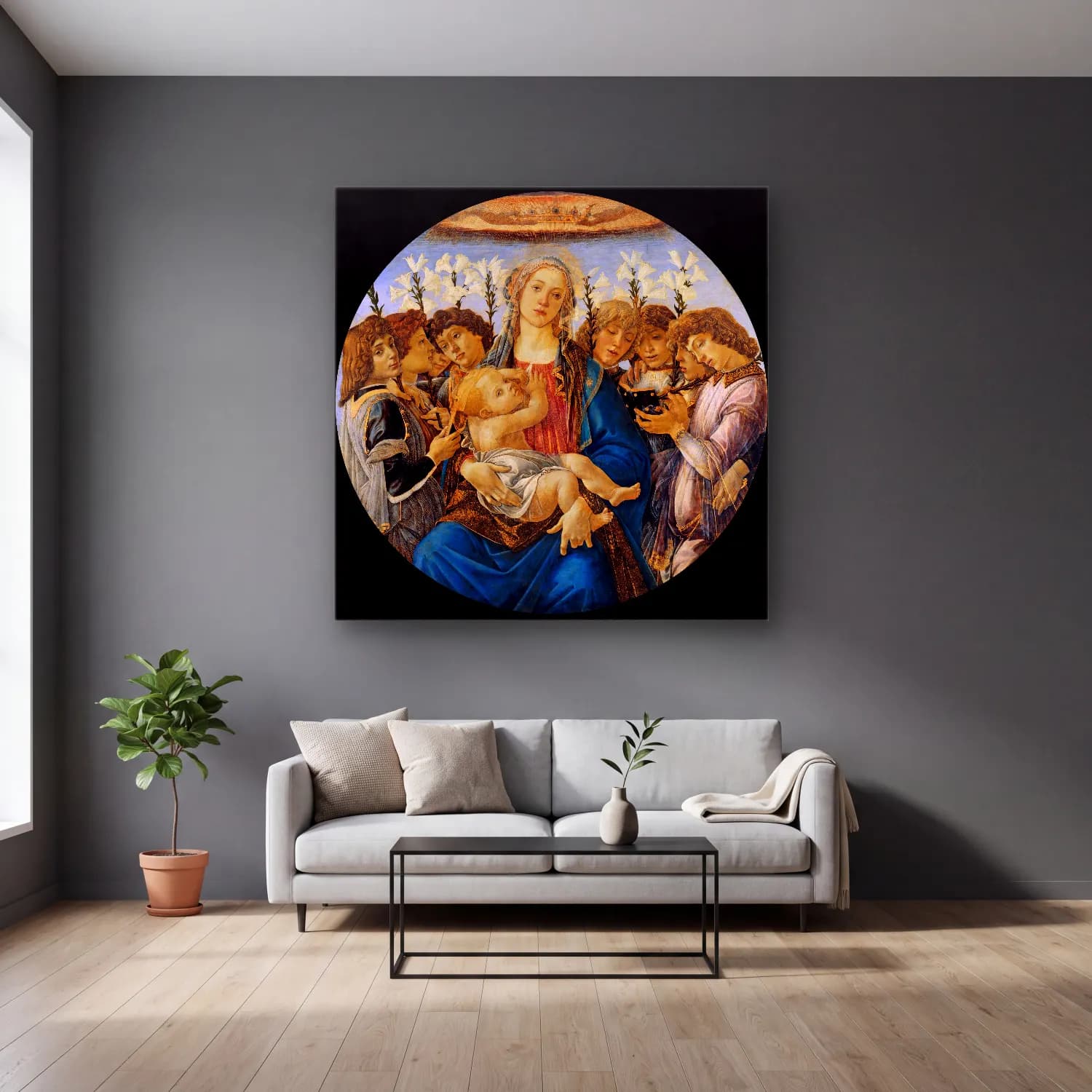 Sandro Botticelli – Dini Sahne No. 9 cam tablo — gri duvarlı salonda