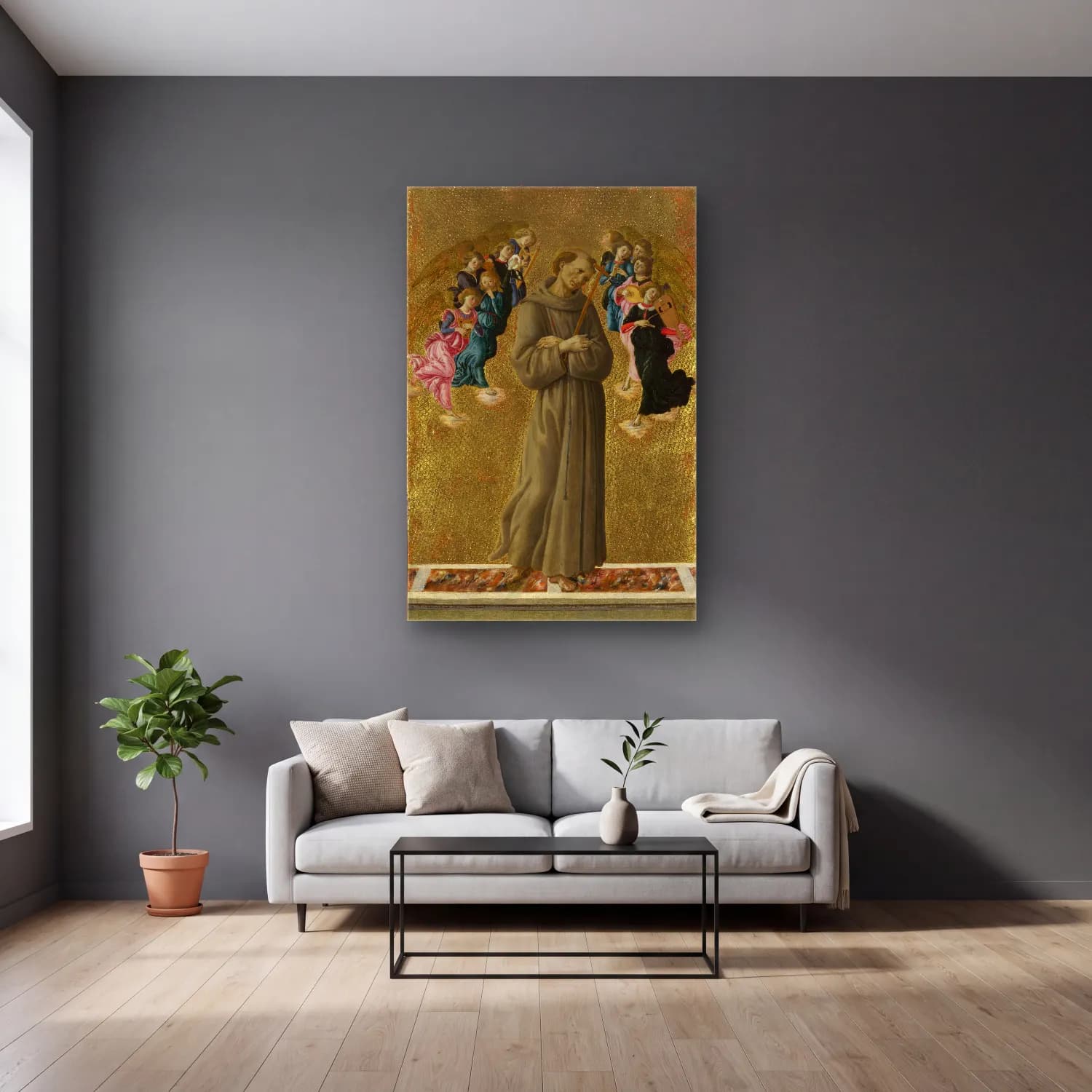 Sandro Botticelli – Dini Sahne – Bej Tonlar cam tablo — gri duvarlı salonda