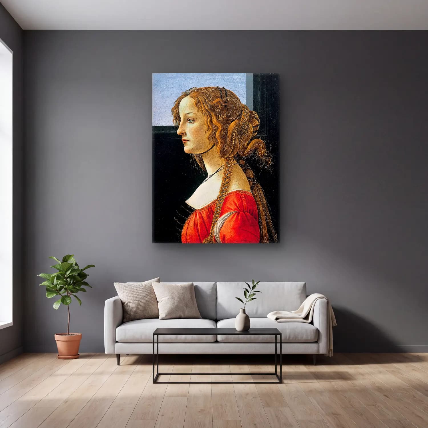 Sandro Botticelli – Kadın Portresi No. 5 cam tablo — gri duvarlı salonda