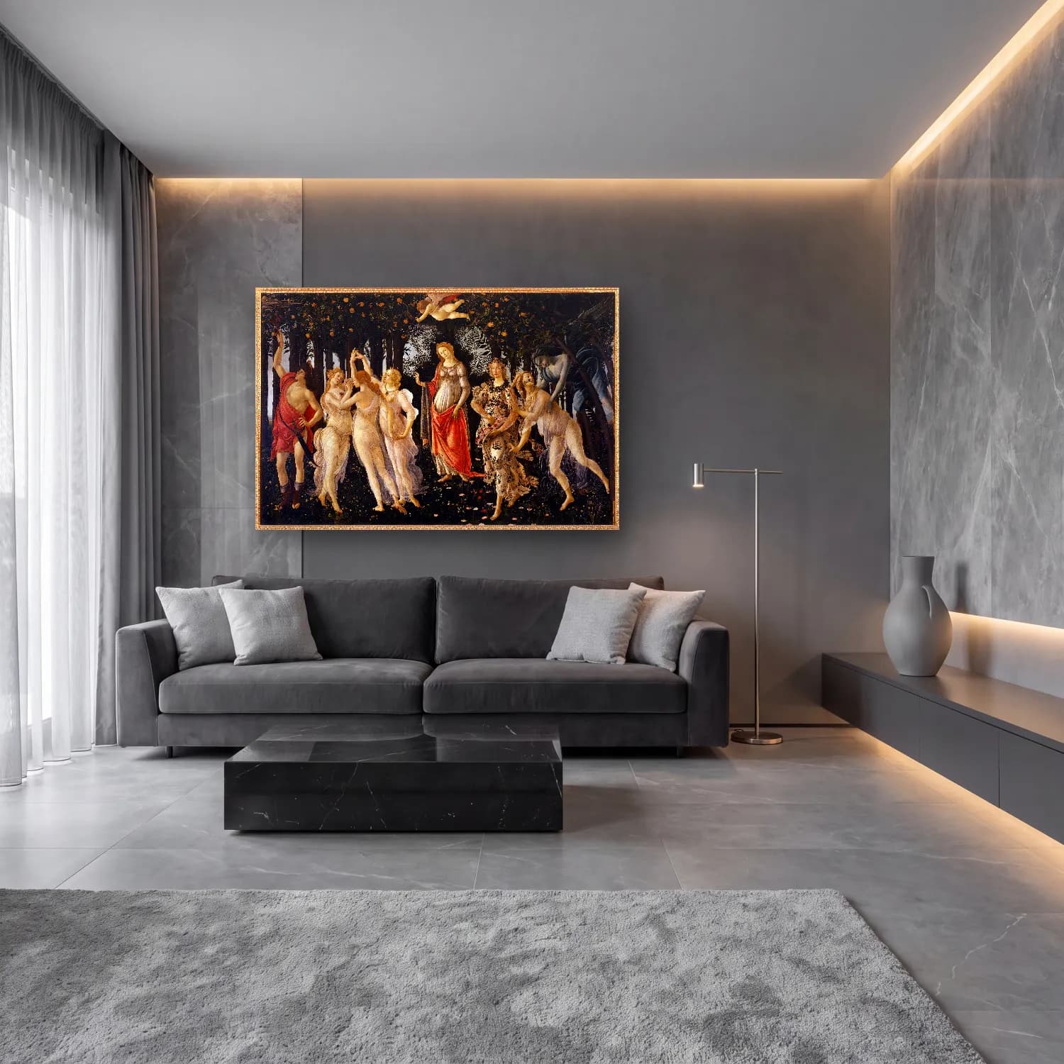 Sandro Botticelli – Mitolojik Sahne No. 4 cam tablo — lüks salon duvarında