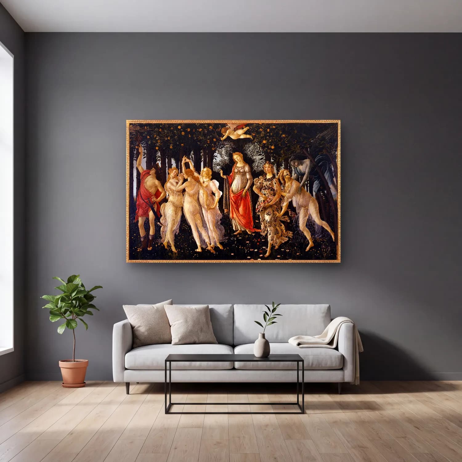 Sandro Botticelli – Mitolojik Sahne No. 4 cam tablo — gri duvarlı salonda