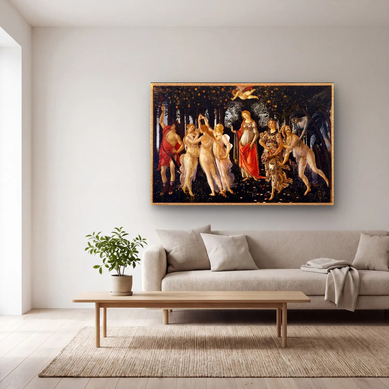 Sandro Botticelli – Mitolojik Sahne No. 4 cam tablo — açık renk salonda