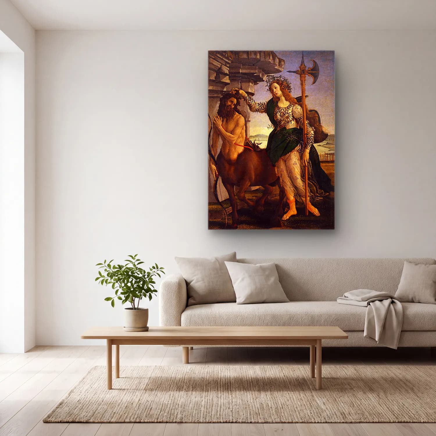 Sandro Botticelli – Mitolojik Sahne No. 5 cam tablo — açık renk salonda