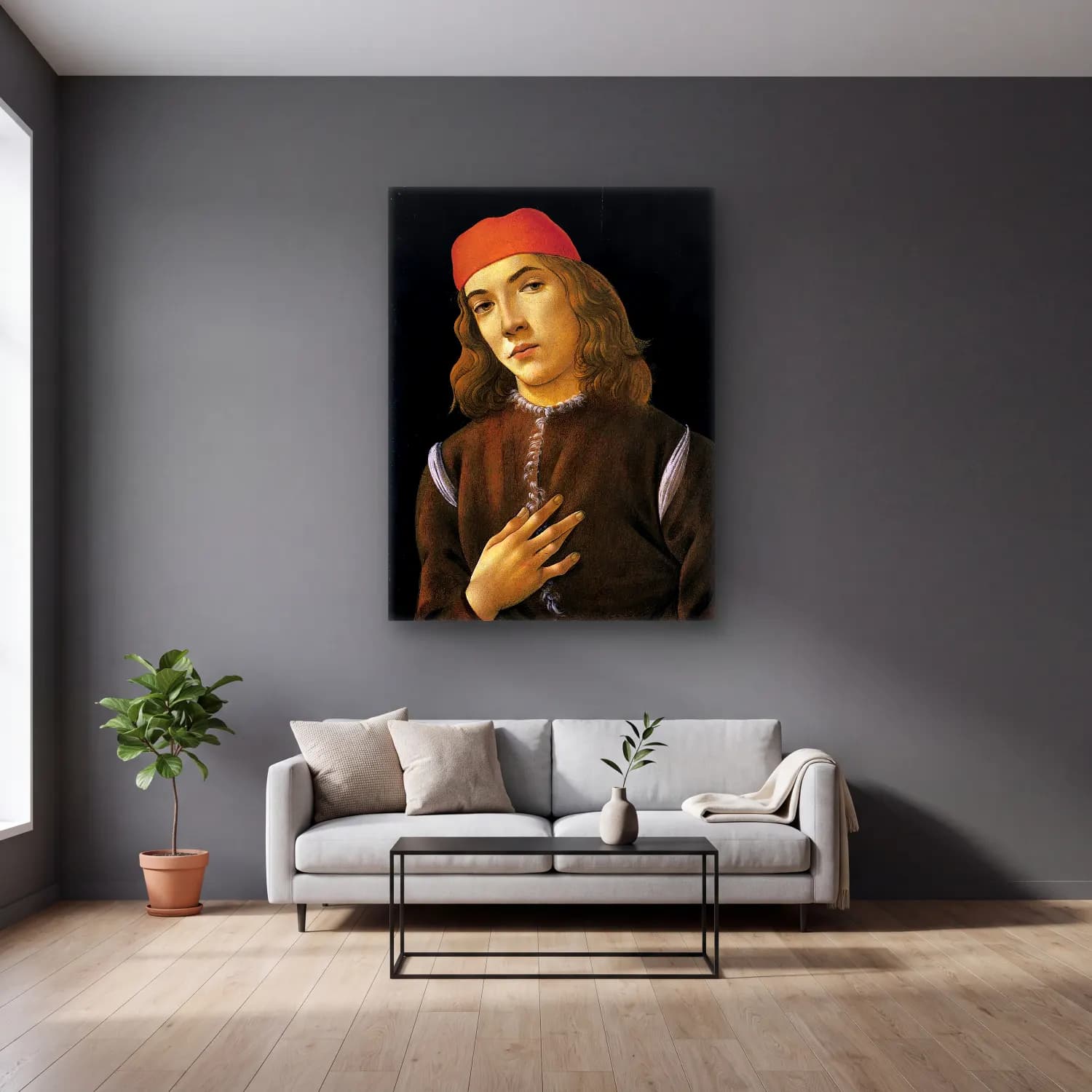 Sandro Botticelli – Erkek Portresi No. 5 cam tablo — gri duvarlı salonda