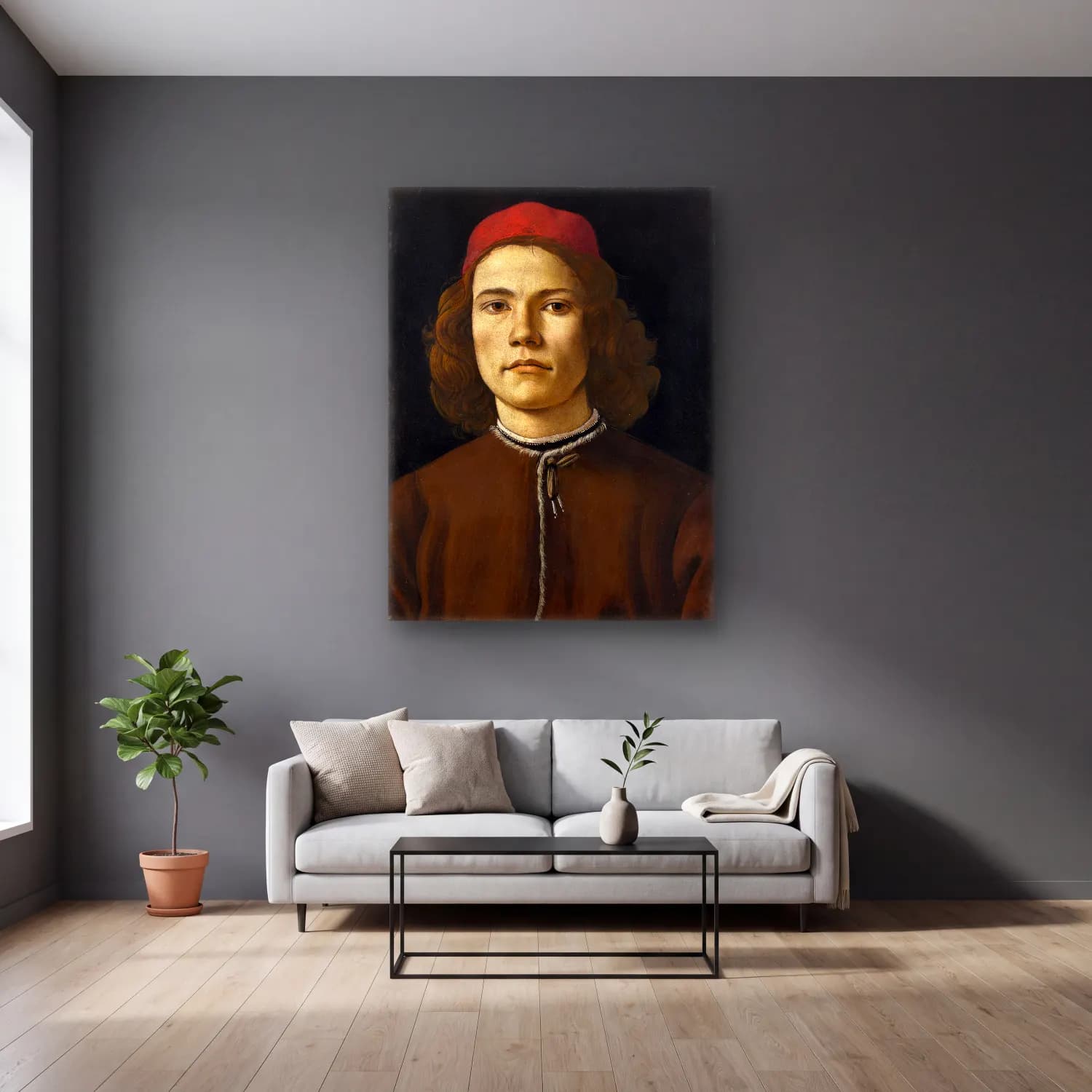Sandro Botticelli – Erkek Portresi No. 6 cam tablo — gri duvarlı salonda