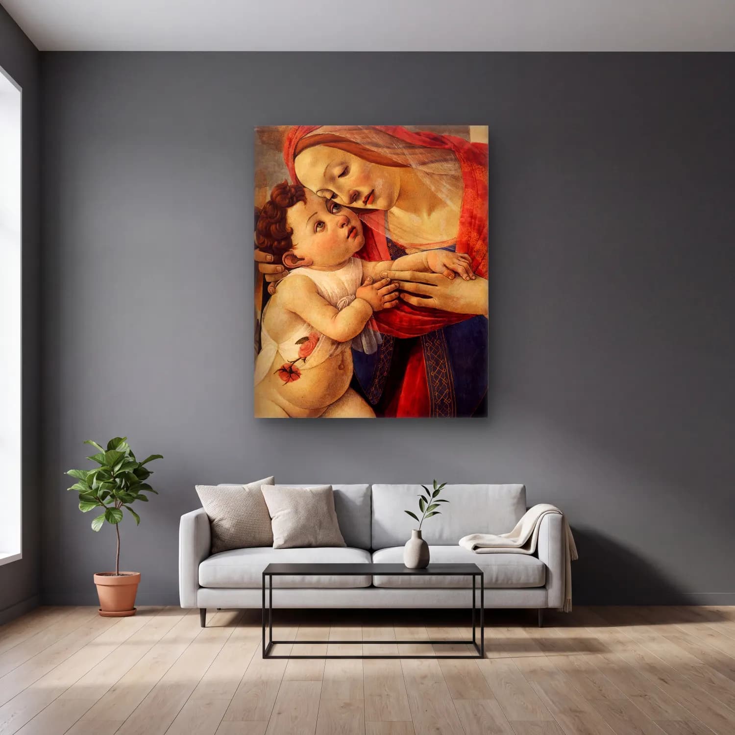 Sandro Botticelli – Anne ve Çocuk cam tablo — gri duvarlı salonda