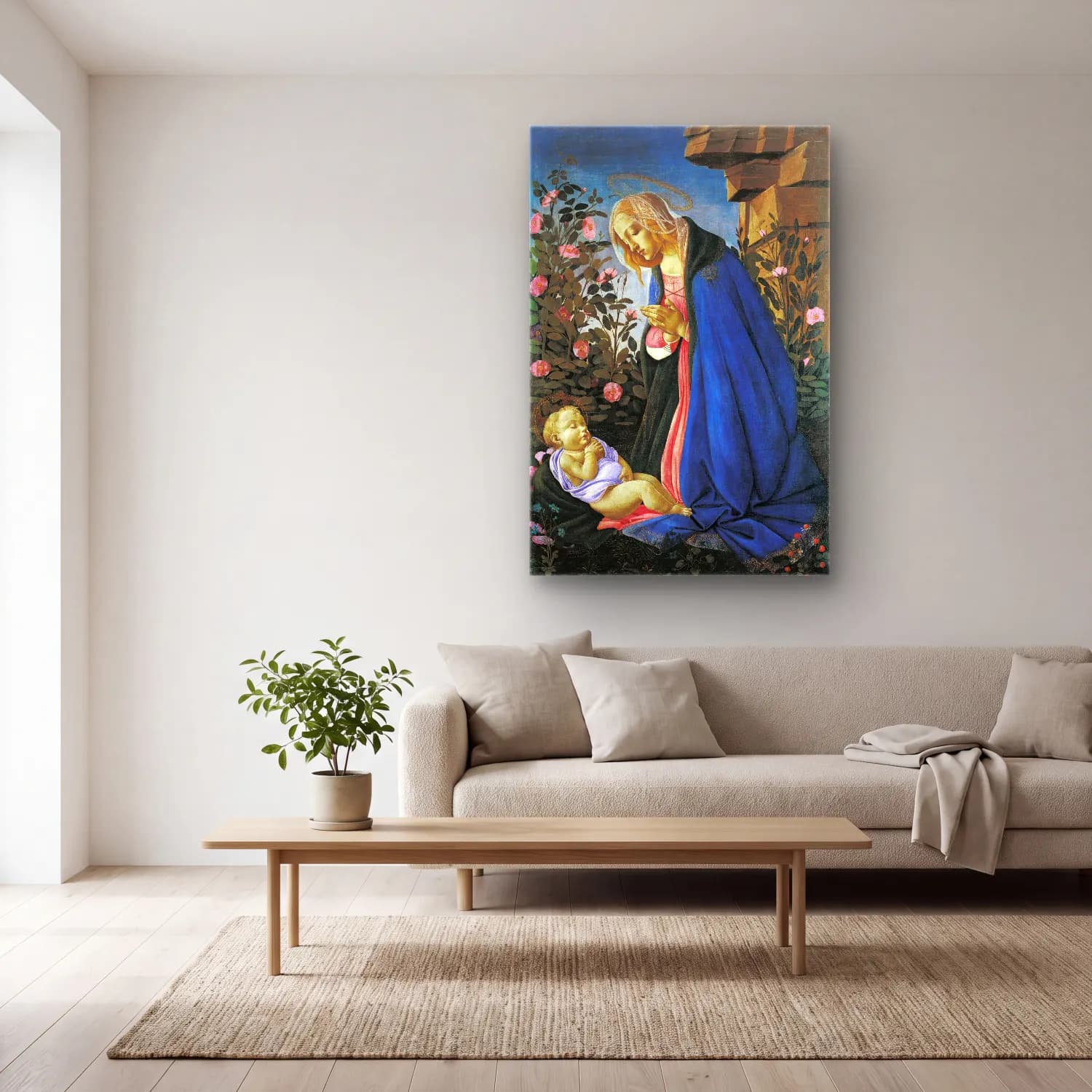 Sandro Botticelli – Anne ve Çocuk – Mavi Tonlar cam tablo — açık renk salonda