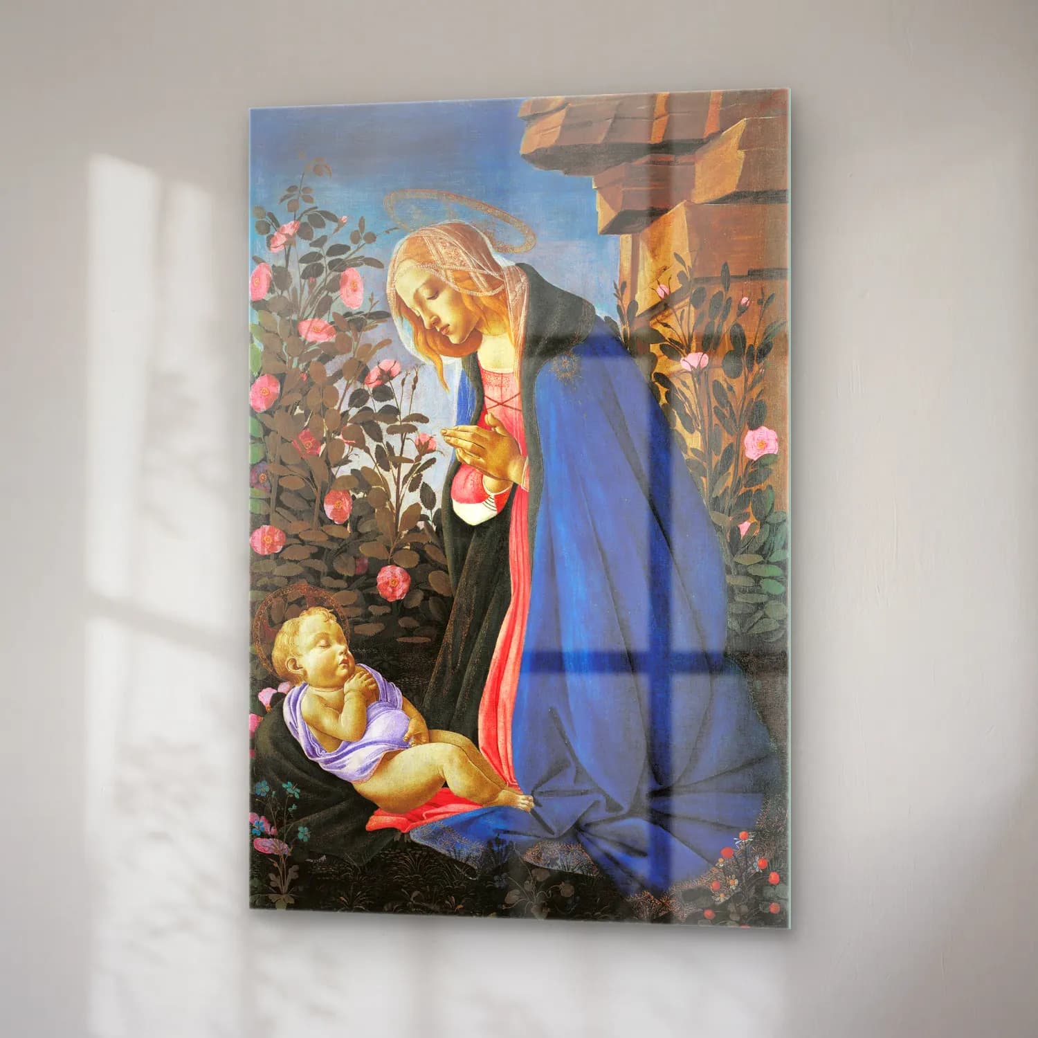 Sandro Botticelli – Anne ve Çocuk – Mavi Tonlar cam tablo — sağ açıdan görünüm