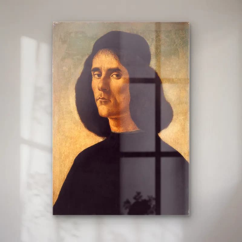 Sandro Botticelli – Erkek Portresi – Siyah Beyaz Tonlar cam tablo — Sandro Botticelli – Erkek Portresi – Siyah Beyaz Tonlar — yağlı boya erkek portresi