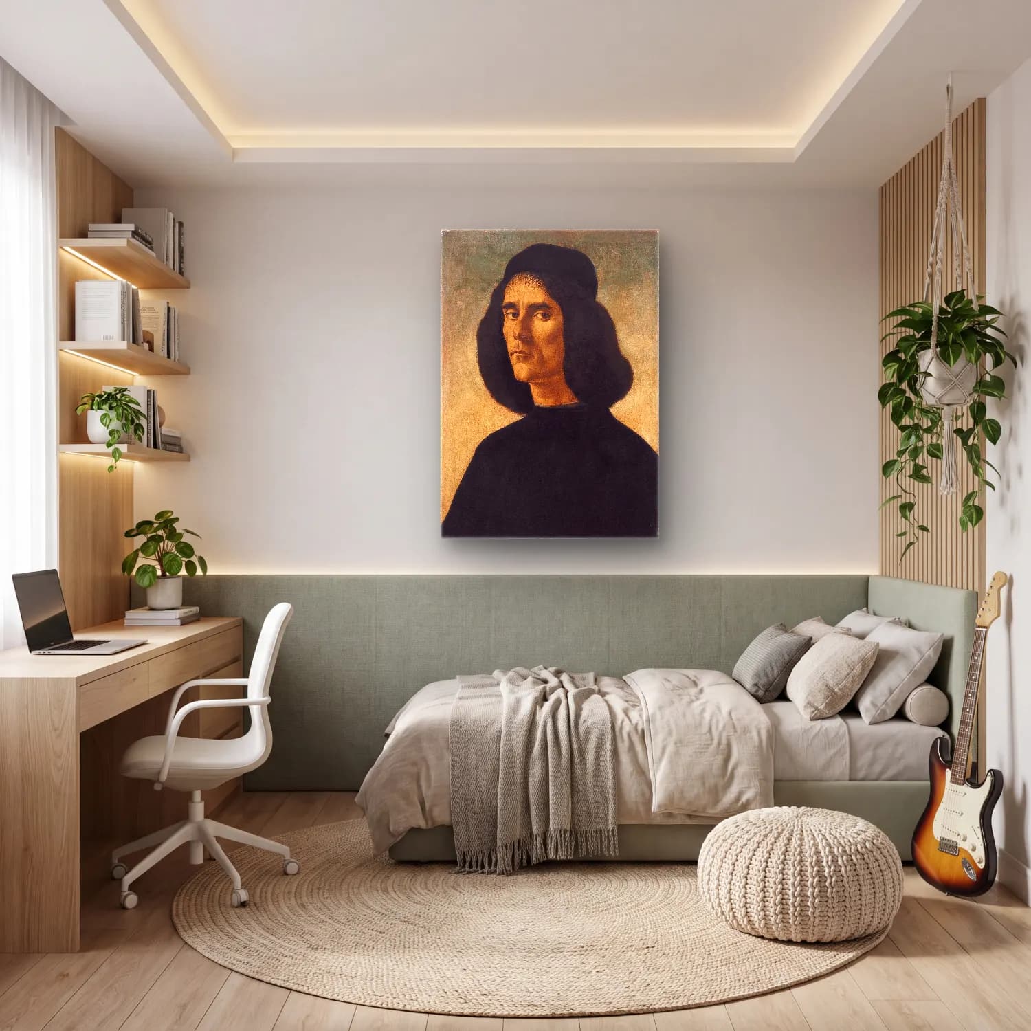 Sandro Botticelli – Erkek Portresi – Siyah Beyaz Tonlar cam tablo — genç odasında