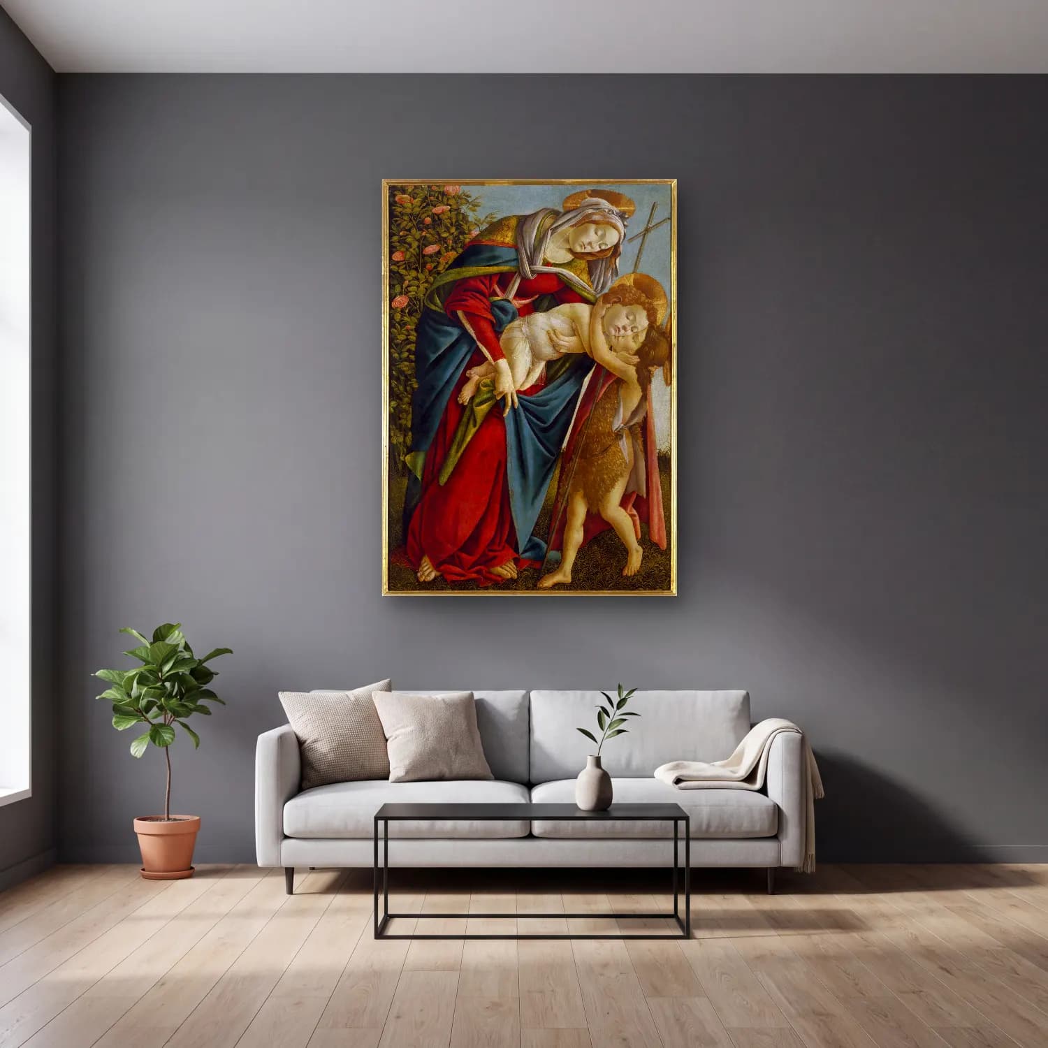 Sandro Botticelli – Anne ve Çocuk – Yeşil Tonlar cam tablo — gri duvarlı salonda