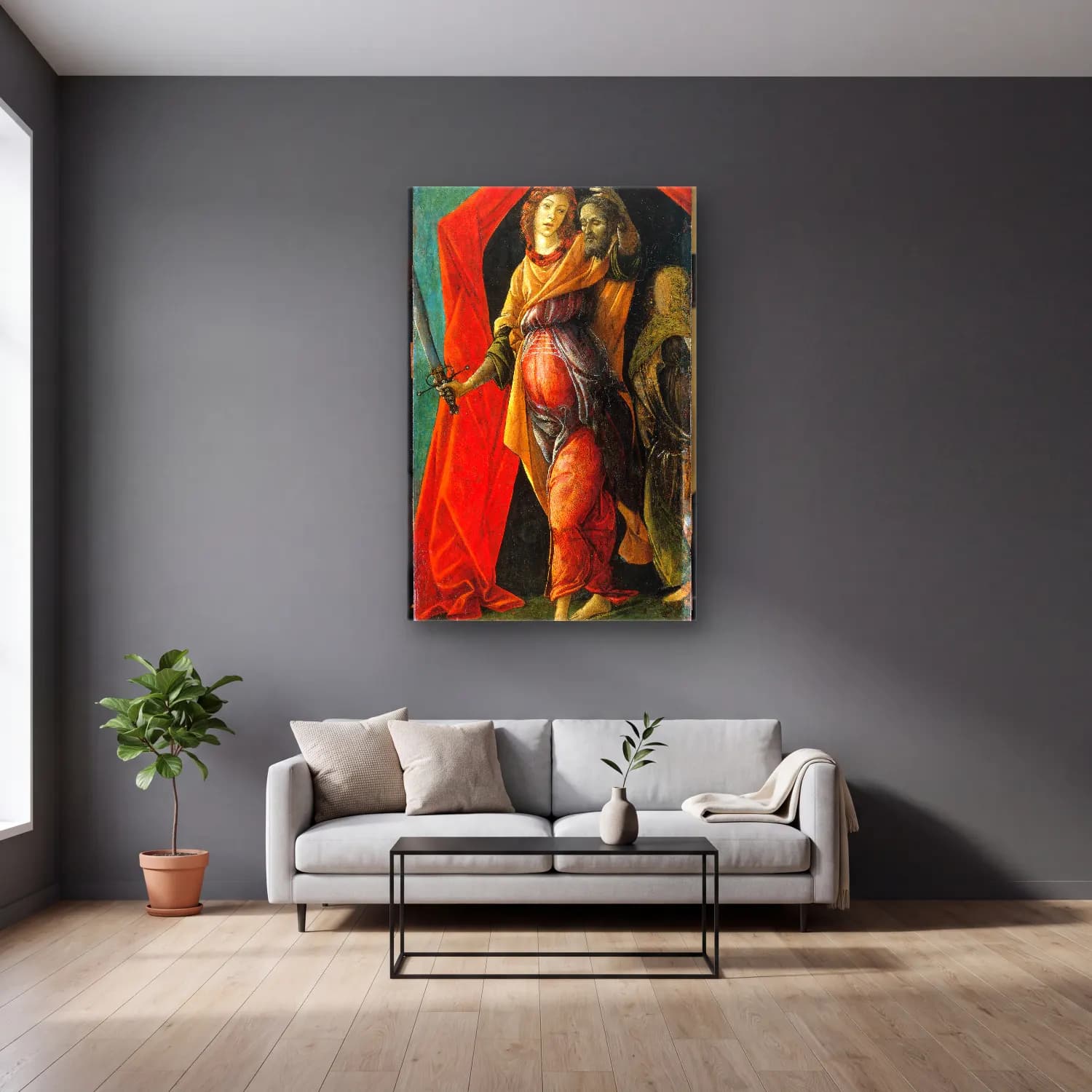 Sandro Botticelli – Melek – Kırmızı Tonlar cam tablo — gri duvarlı salonda