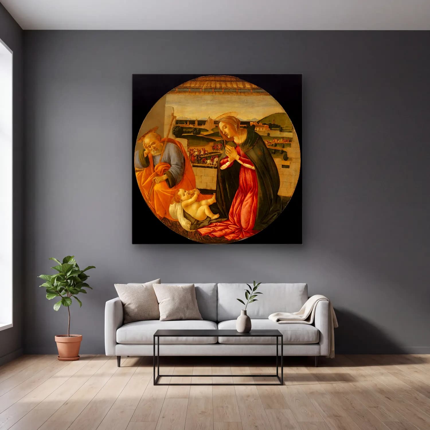 Sandro Botticelli – Dini Sahne No. 23 cam tablo — gri duvarlı salonda