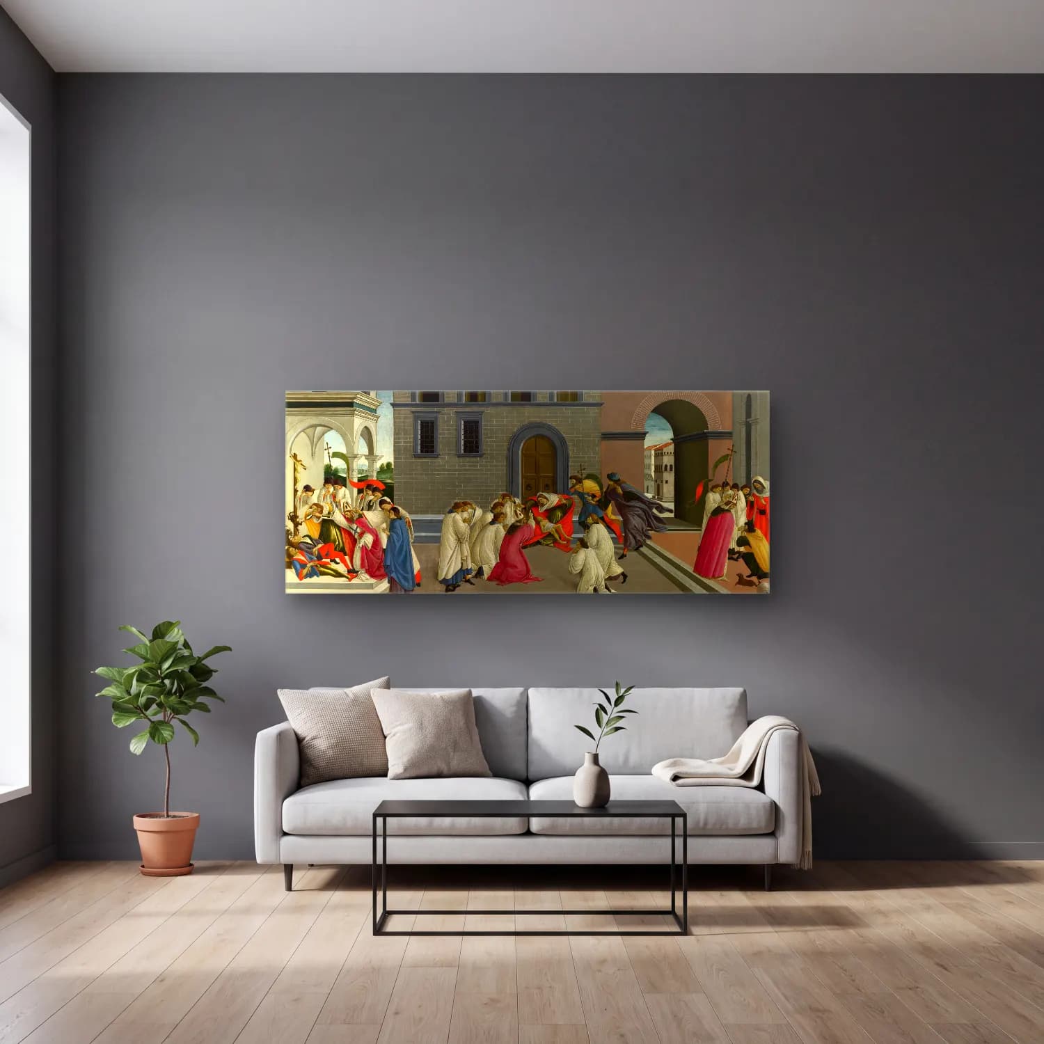 Sandro Botticelli – Dini Sahne No. 27 cam tablo — gri duvarlı salonda