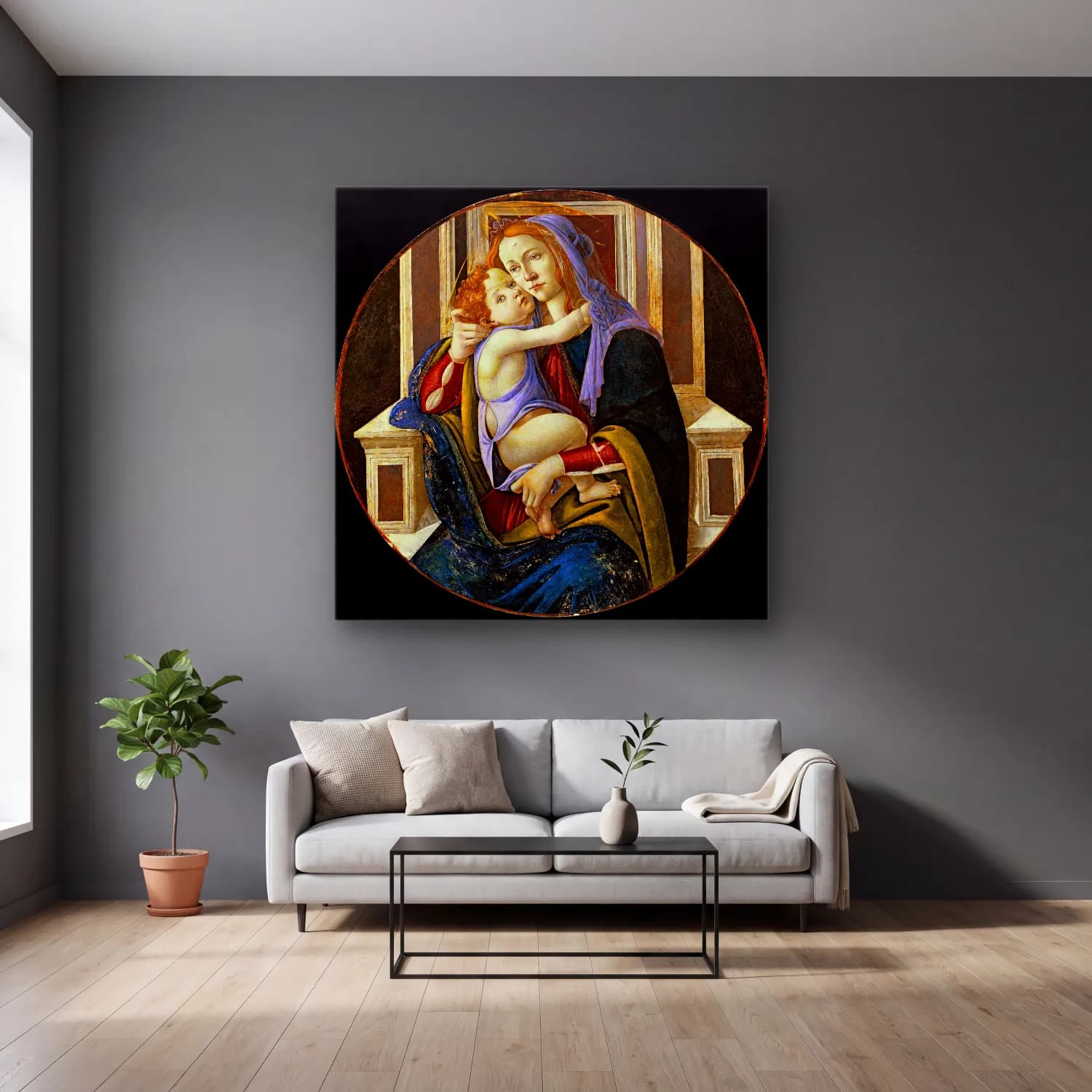Sandro Botticelli – Anne ve Çocuk No. 5 cam tablo — gri duvarlı salonda