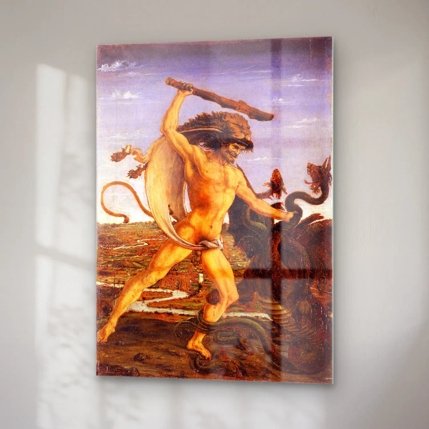 Sandro Botticelli – Mitolojik Sahne – Kırmızı Tonlar cam tablo — sağ açıdan görünüm