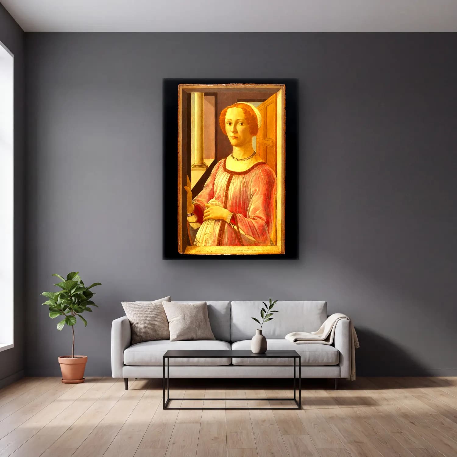 Sandro Botticelli – Kadın Portresi – Pembe Tonlar cam tablo — gri duvarlı salonda