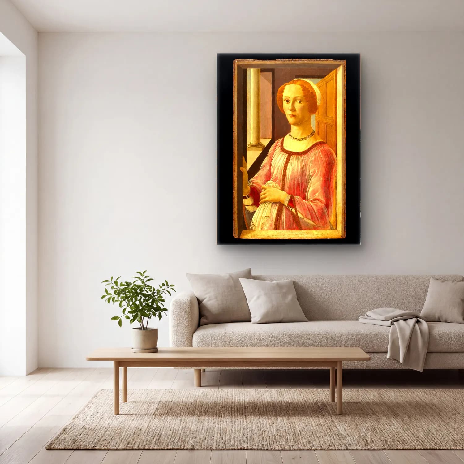 Sandro Botticelli – Kadın Portresi – Pembe Tonlar cam tablo — açık renk salonda