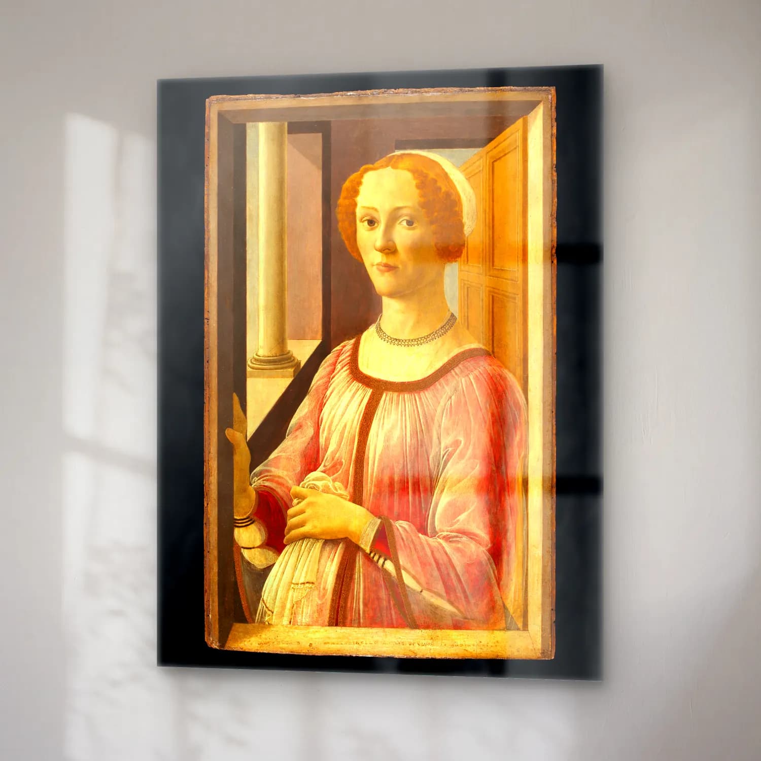 Sandro Botticelli – Kadın Portresi – Pembe Tonlar cam tablo — sağ açıdan görünüm