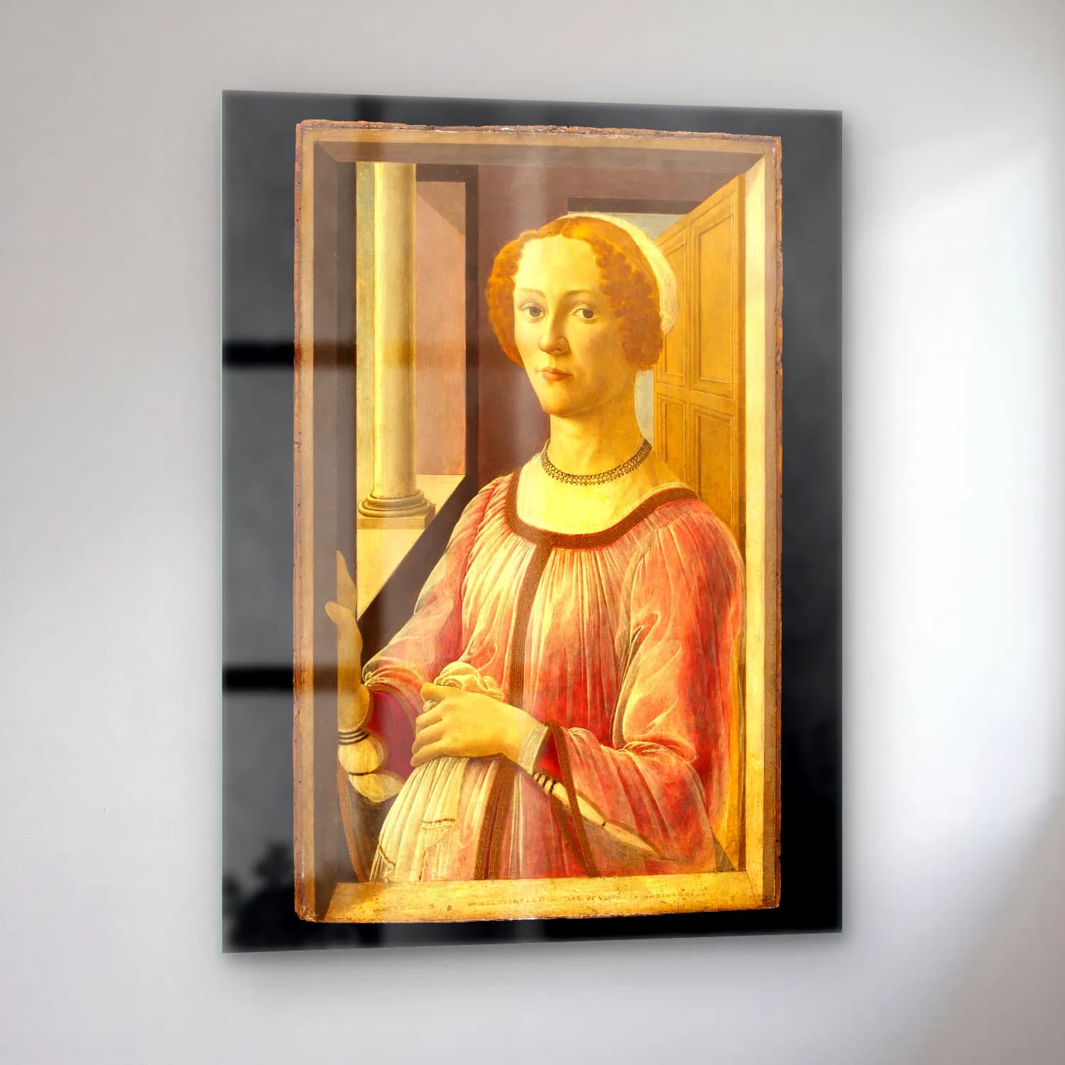 Sandro Botticelli – Kadın Portresi – Pembe Tonlar cam tablo — sol açıdan görünüm
