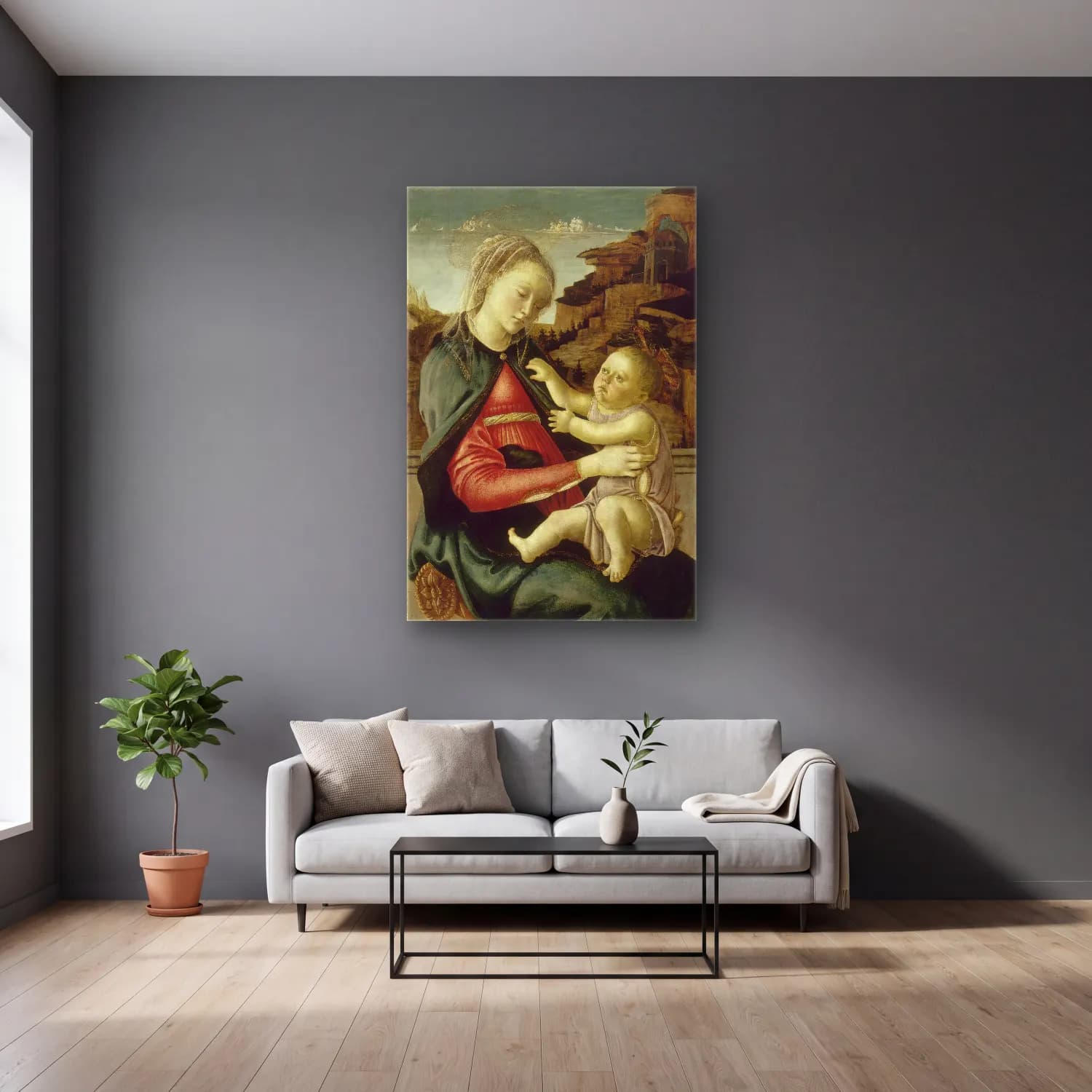 Sandro Botticelli – Anne ve Çocuk – Bej Tonlar cam tablo — gri duvarlı salonda