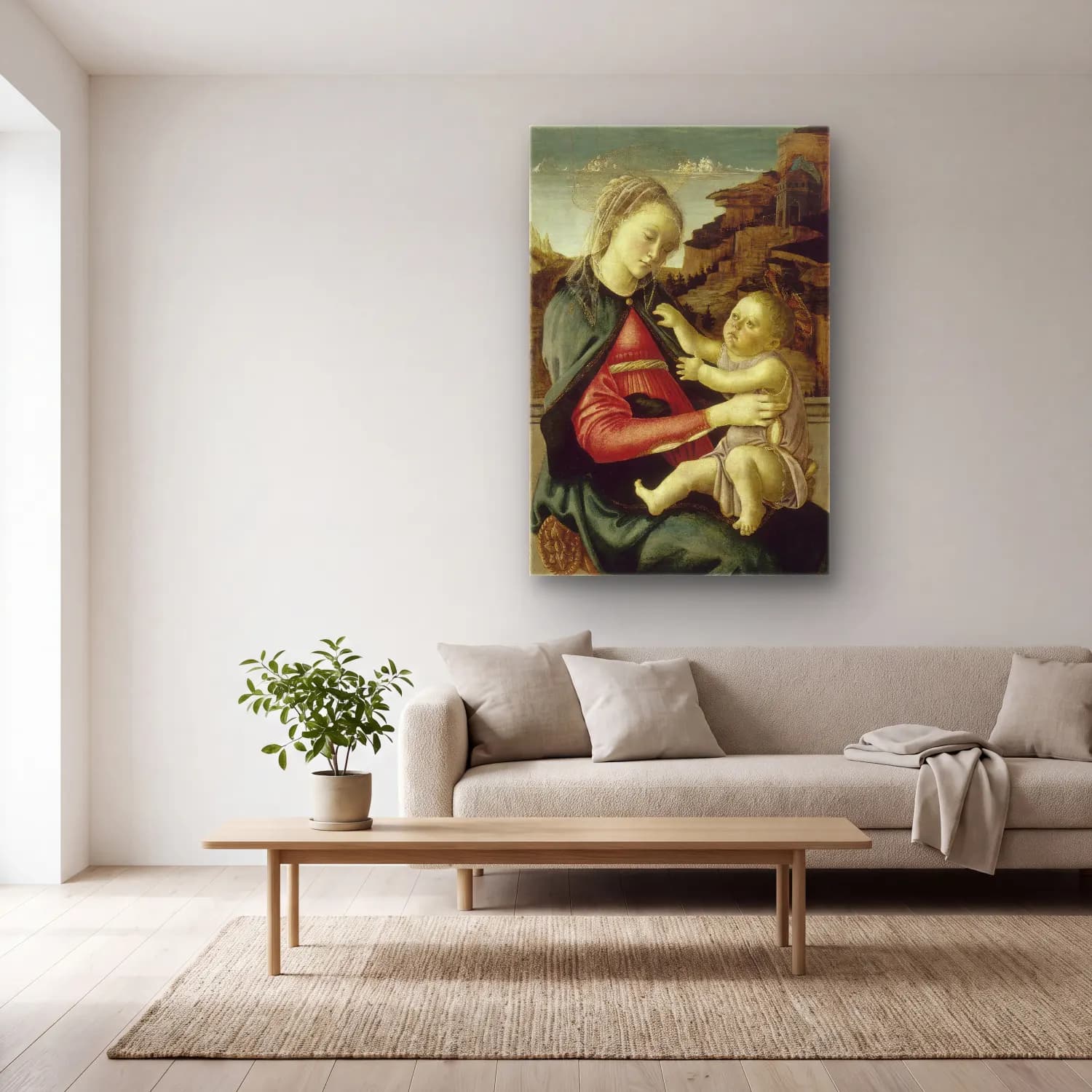Sandro Botticelli – Anne ve Çocuk – Bej Tonlar cam tablo — açık renk salonda