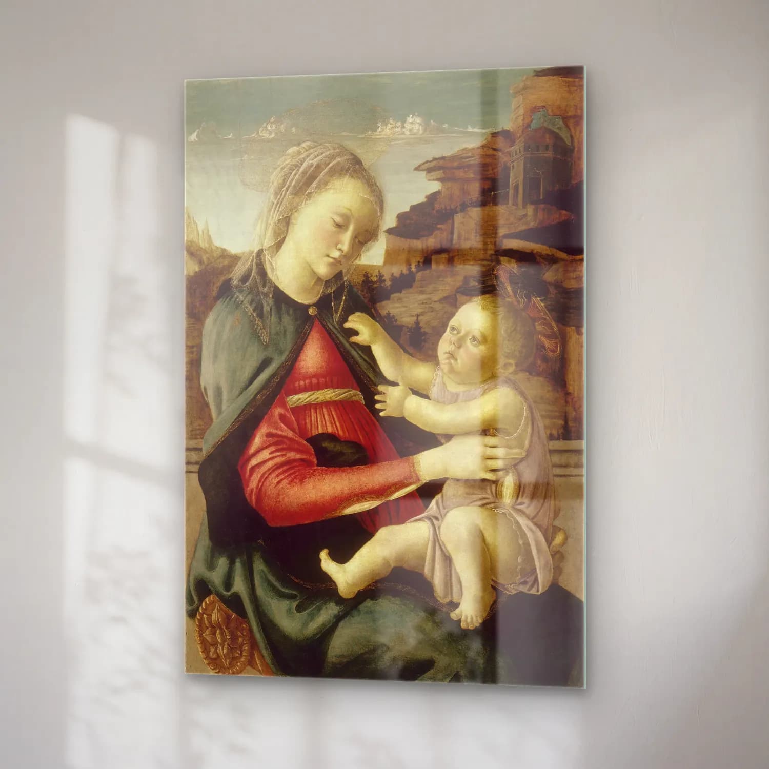 Sandro Botticelli – Anne ve Çocuk – Bej Tonlar cam tablo — sağ açıdan görünüm