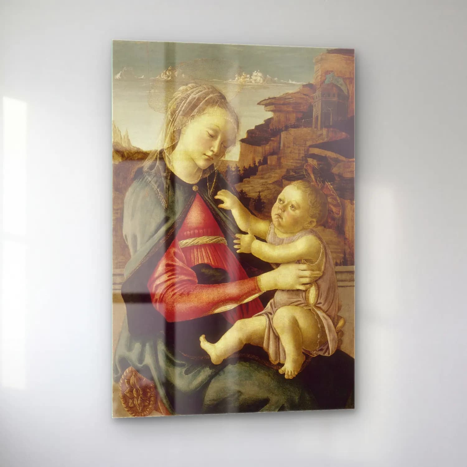 Sandro Botticelli – Anne ve Çocuk – Bej Tonlar cam tablo — sol açıdan görünüm