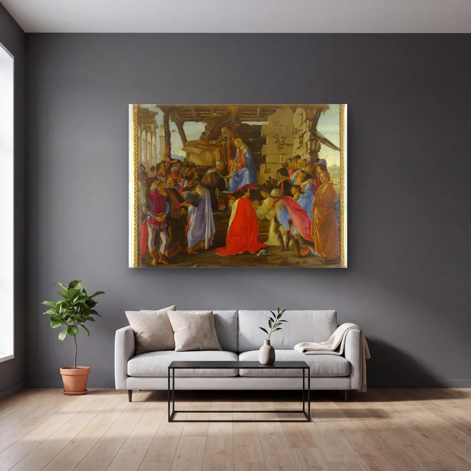 Sandro Botticelli – Dini Sahne No. 33 cam tablo — gri duvarlı salonda