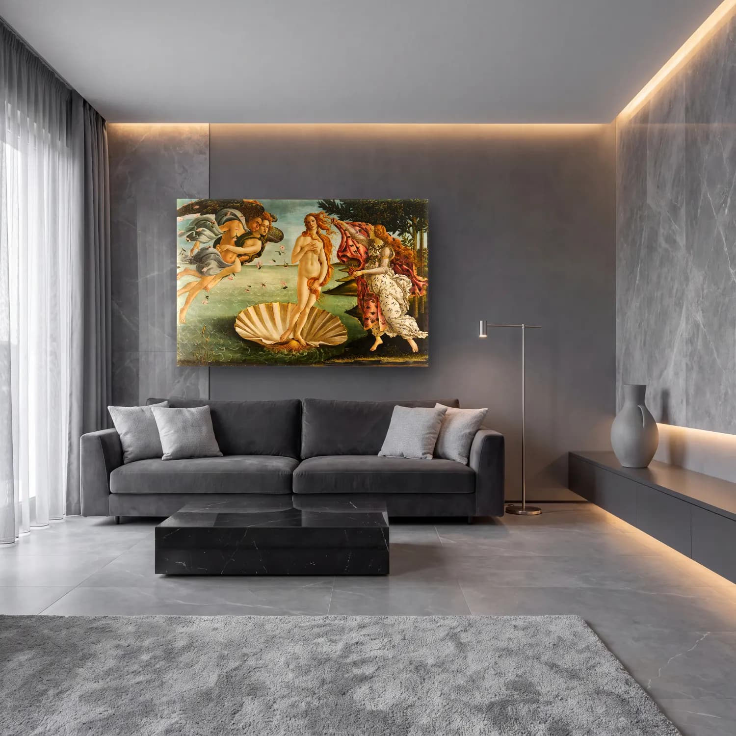 Sandro Botticelli – Mitolojik Sahne No. 13 cam tablo — lüks salon duvarında