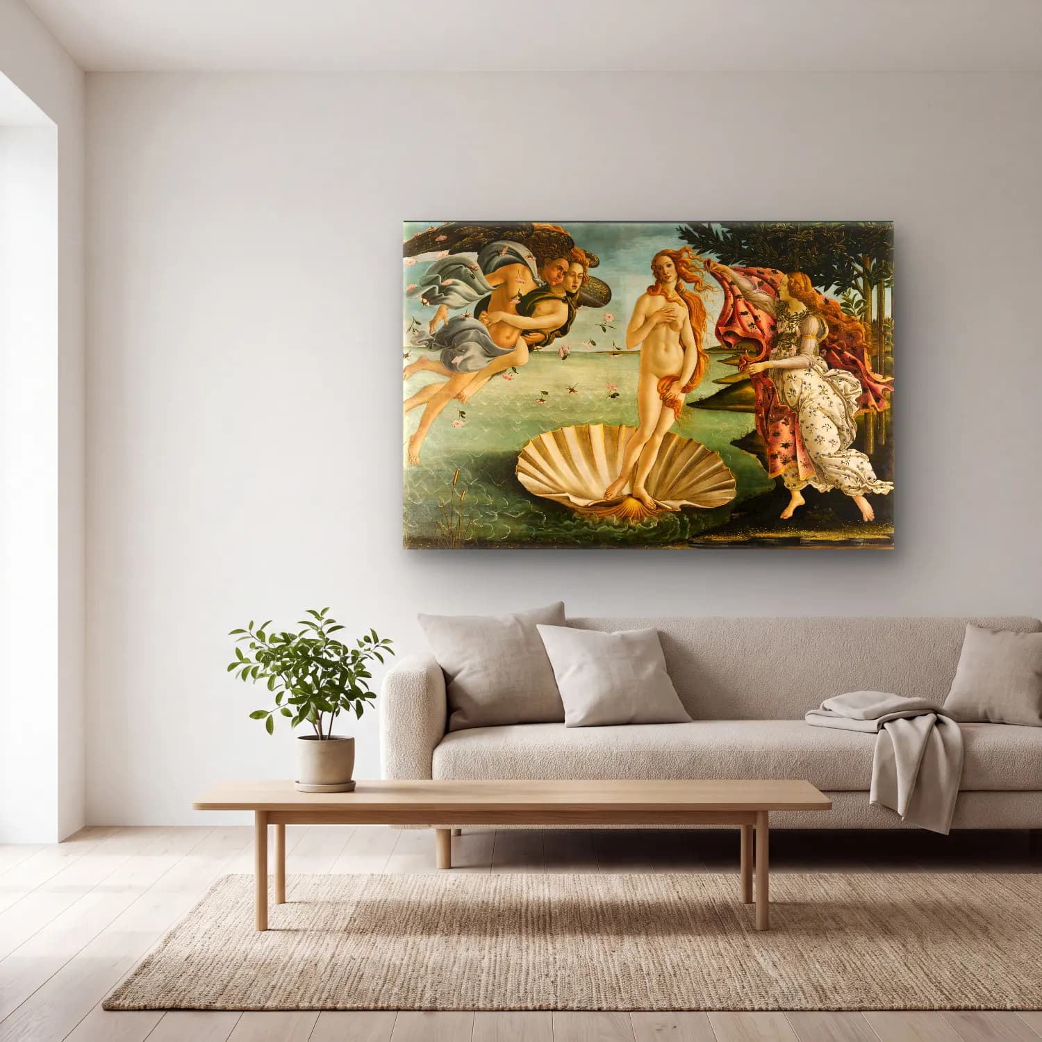 Sandro Botticelli – Mitolojik Sahne No. 13 cam tablo — açık renk salonda