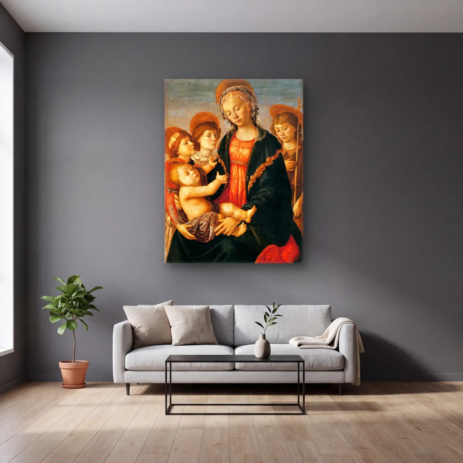 Sandro Botticelli – Dini Sahne No. 36 cam tablo — gri duvarlı salonda
