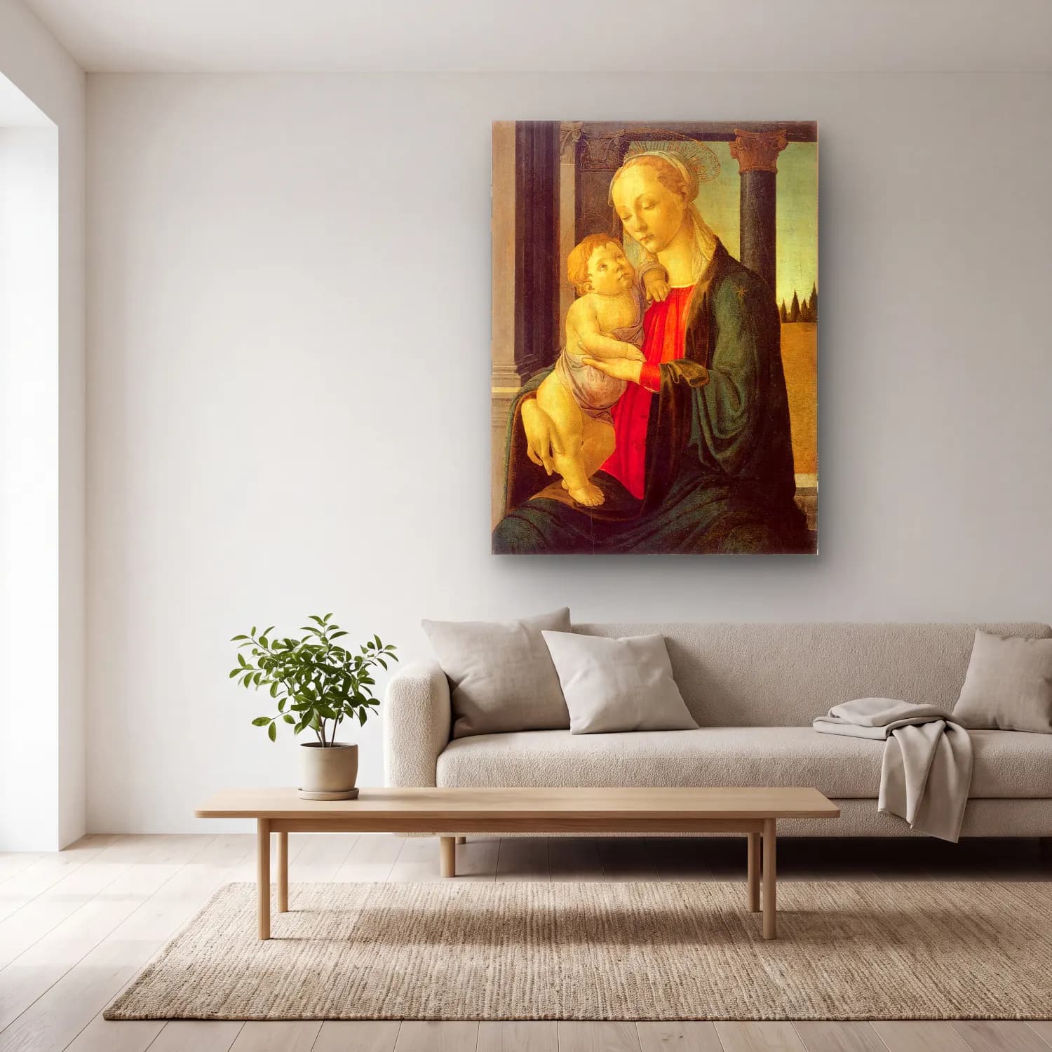 Sandro Botticelli – Anne ve Çocuk No. 7 cam tablo — açık renk salonda