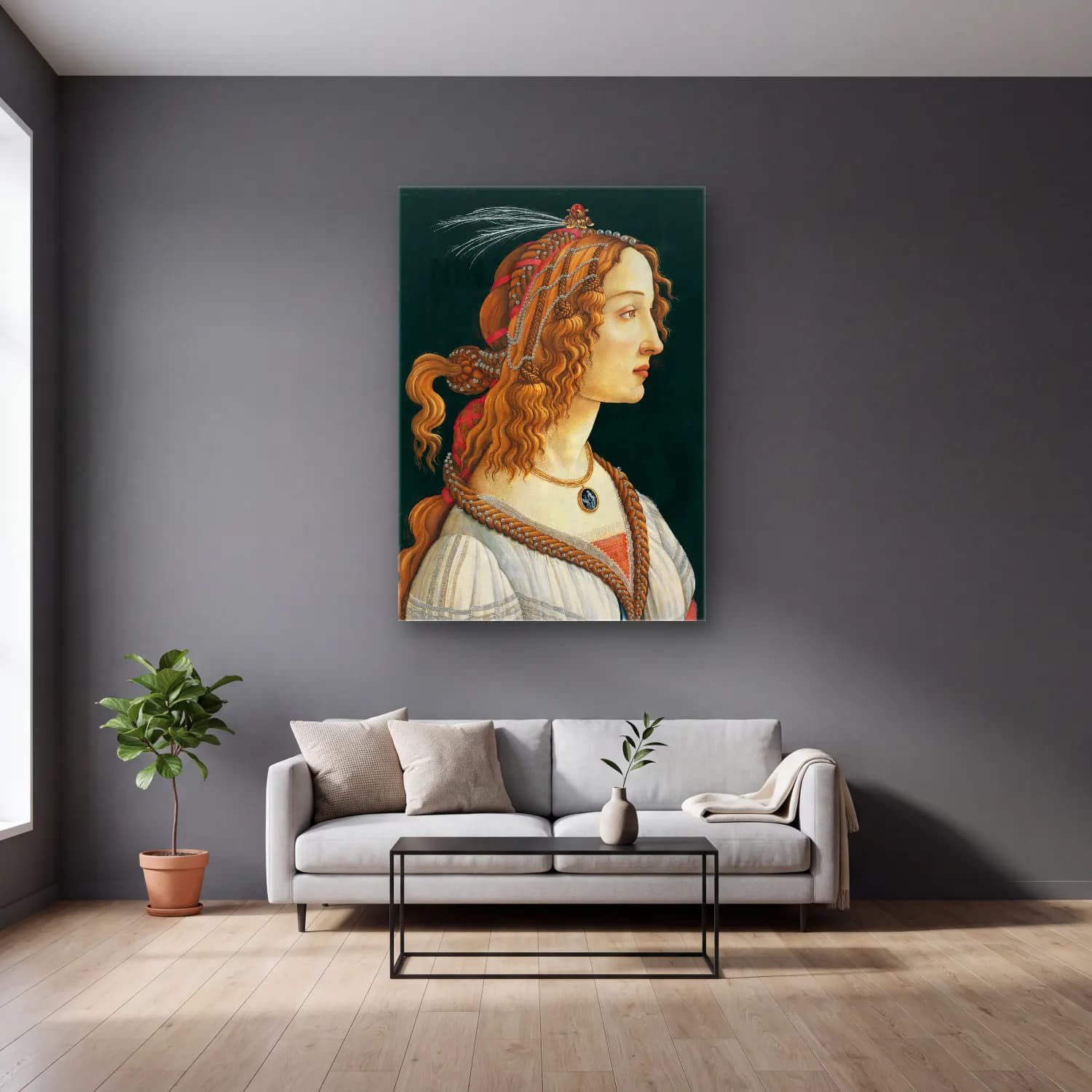 Sandro Botticelli – Kadın Portresi – Kırmızı Tonlar cam tablo — gri duvarlı salonda