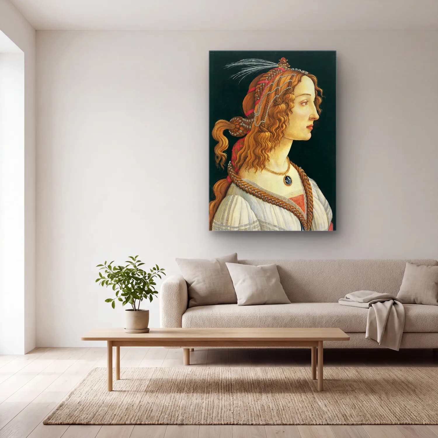 Sandro Botticelli – Kadın Portresi – Kırmızı Tonlar cam tablo — açık renk salonda