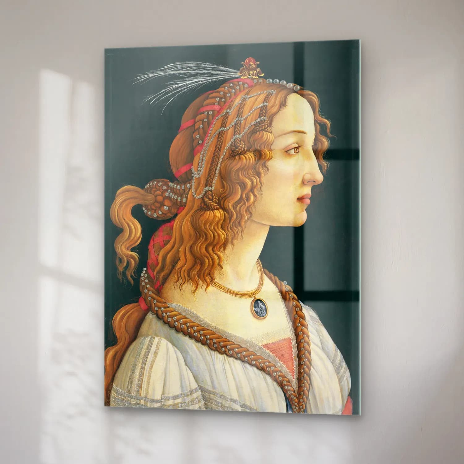 Sandro Botticelli – Kadın Portresi – Kırmızı Tonlar cam tablo — sağ açıdan görünüm