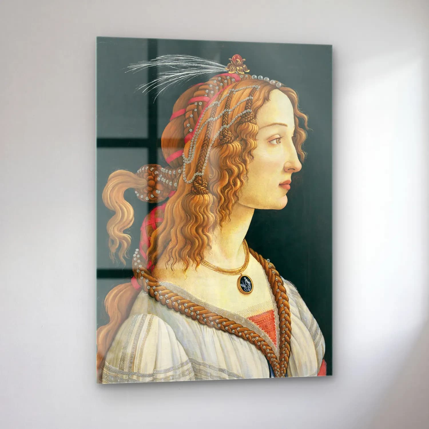 Sandro Botticelli – Kadın Portresi – Kırmızı Tonlar cam tablo — sol açıdan görünüm