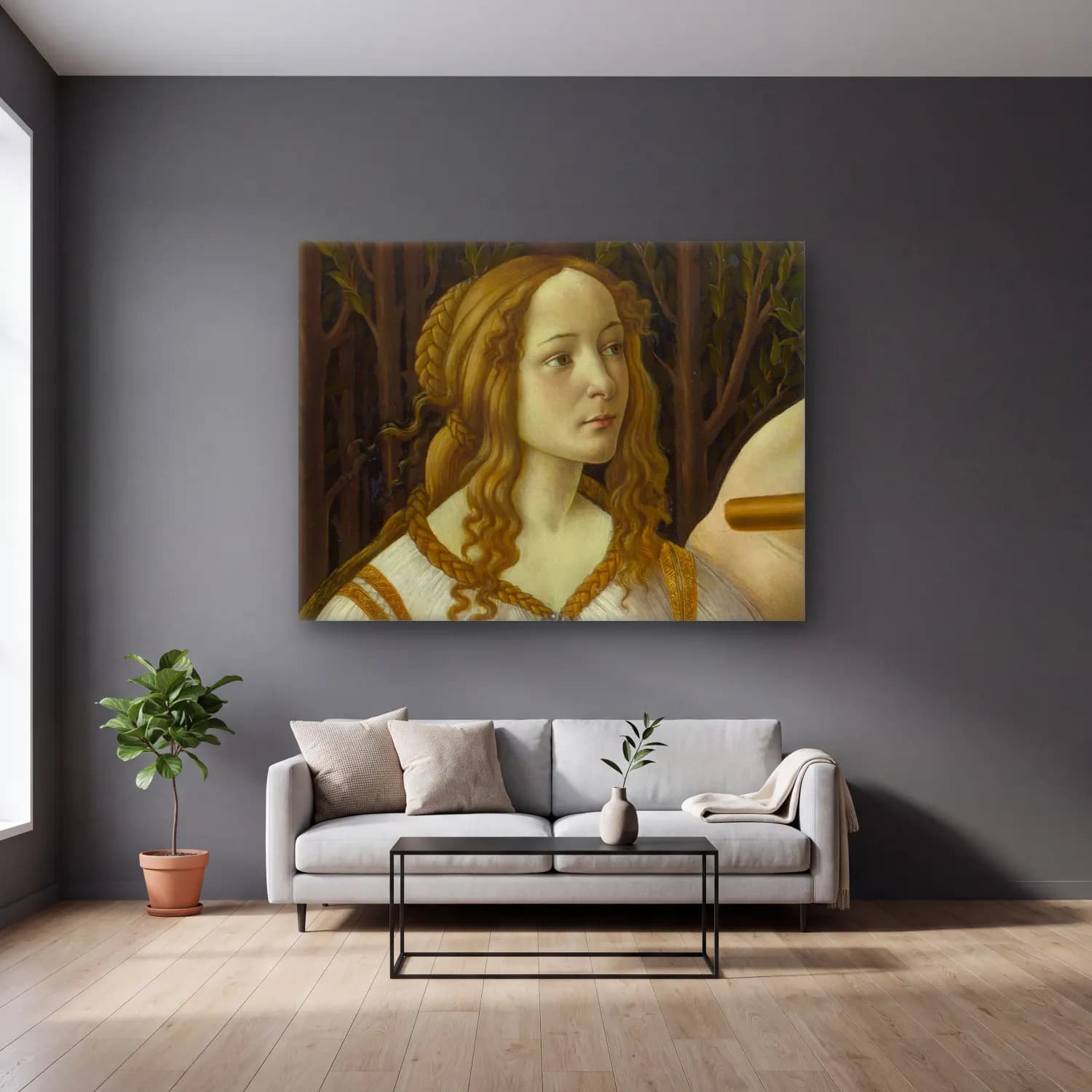 Sandro Botticelli – Kadın Portresi – Sarı Tonlar cam tablo — gri duvarlı salonda