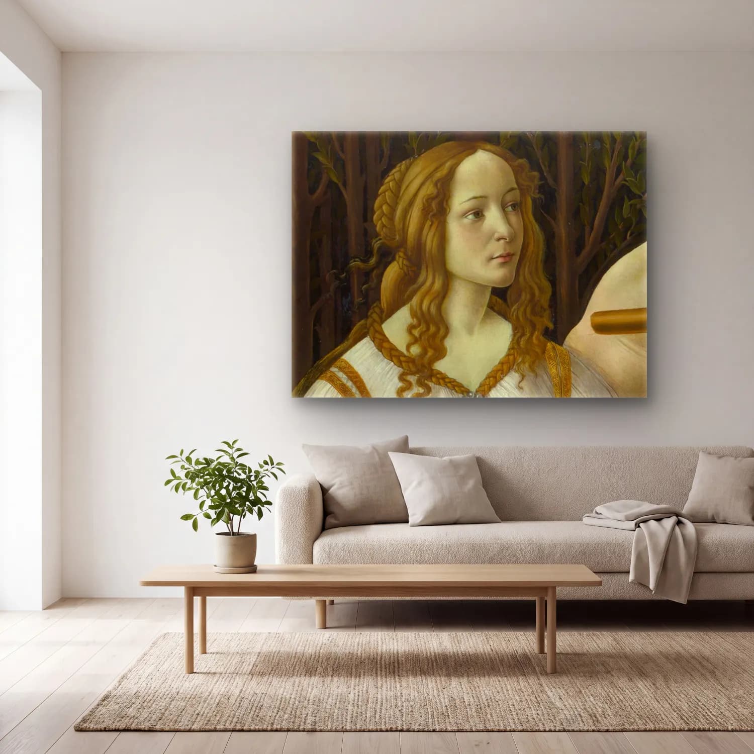 Sandro Botticelli – Kadın Portresi – Sarı Tonlar cam tablo — açık renk salonda