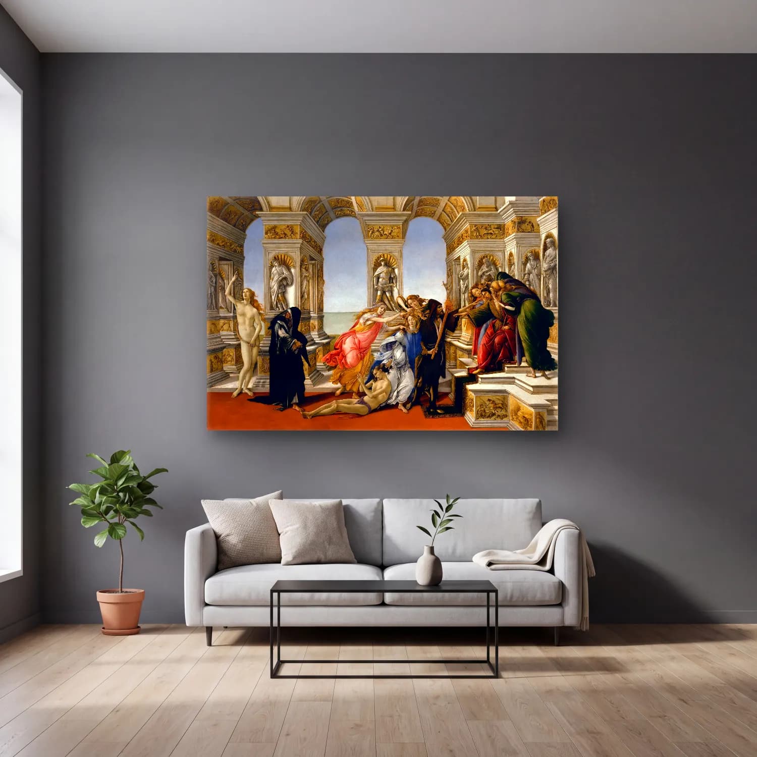 Sandro Botticelli – Dini Sahne – Siyah Beyaz Tonlar cam tablo — gri duvarlı salonda