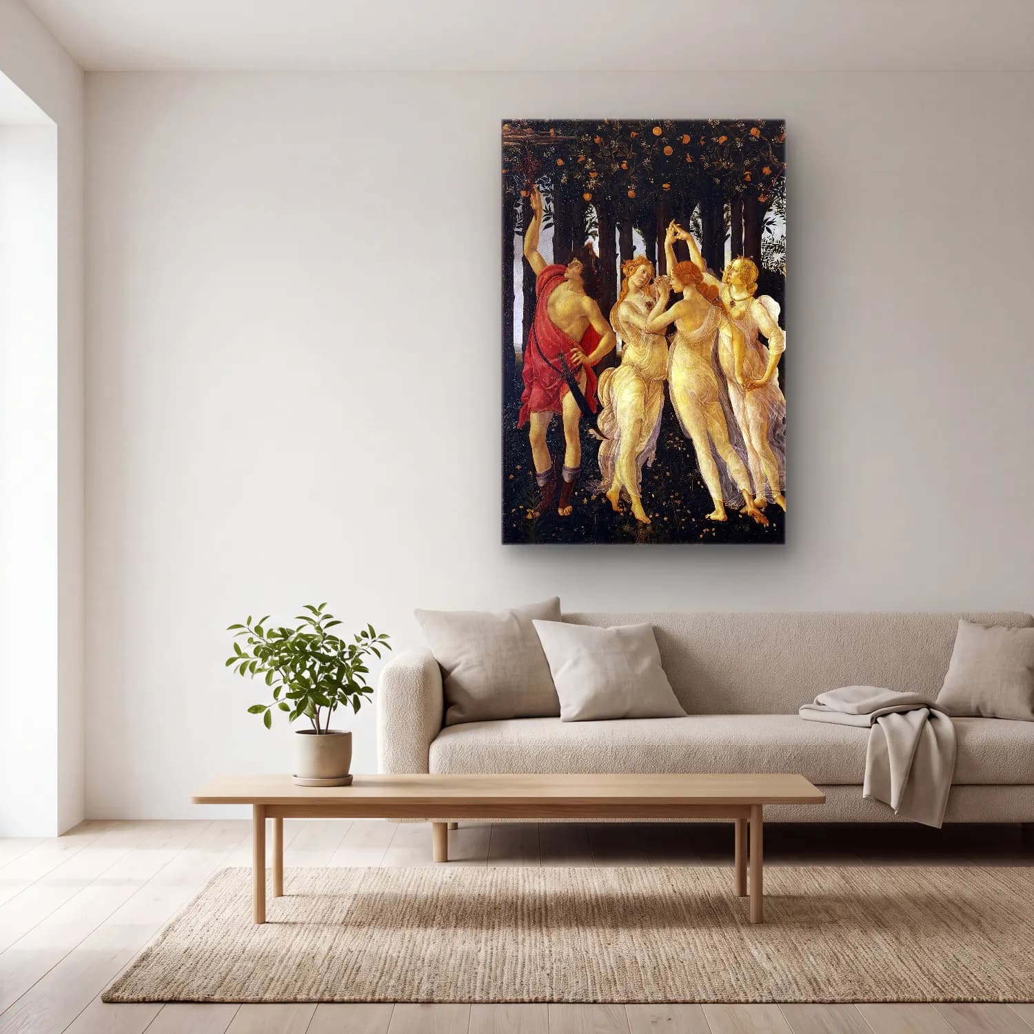 Sandro Botticelli – Mitolojik Sahne No. 14 cam tablo — açık renk salonda