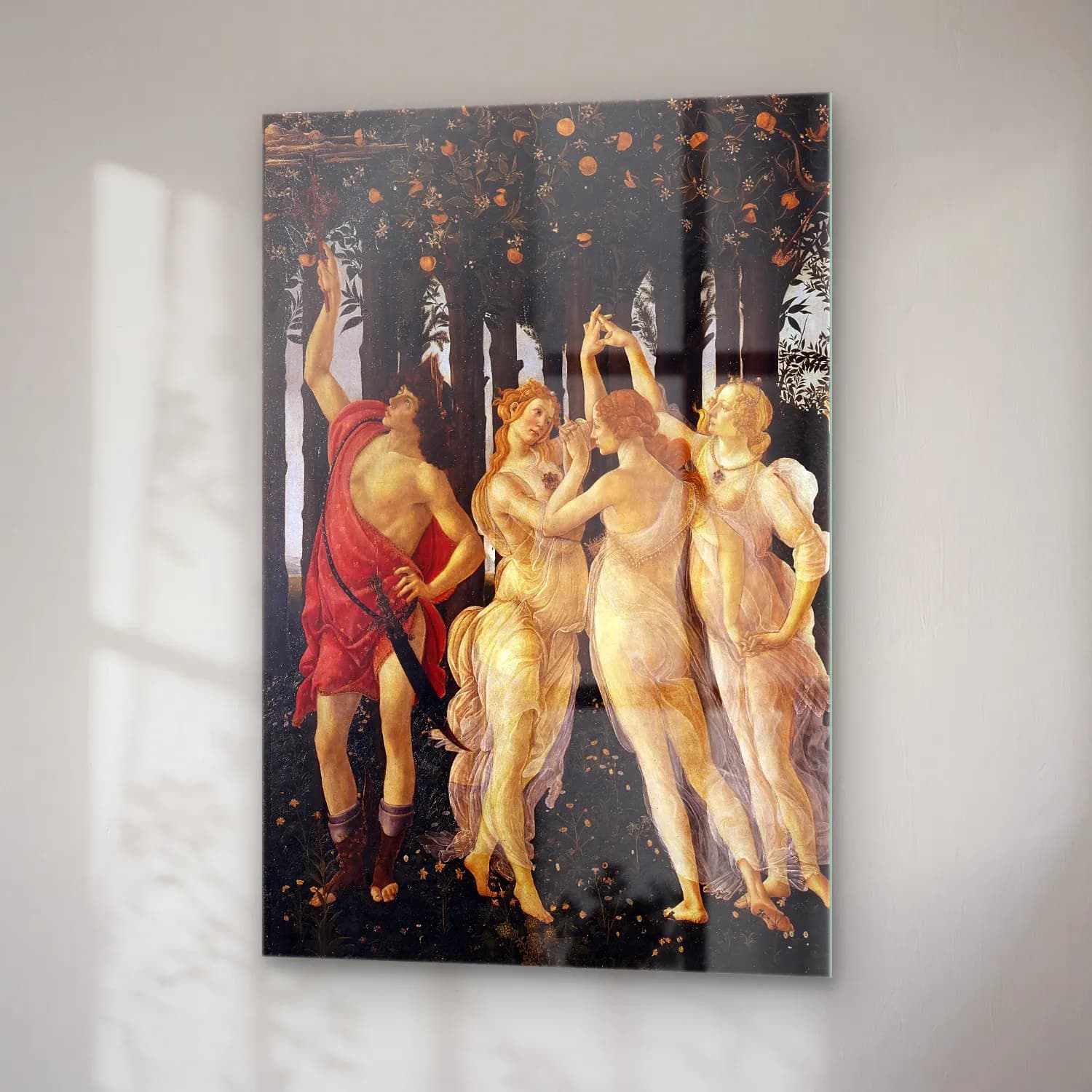 Sandro Botticelli – Mitolojik Sahne No. 14 cam tablo — sağ açıdan görünüm