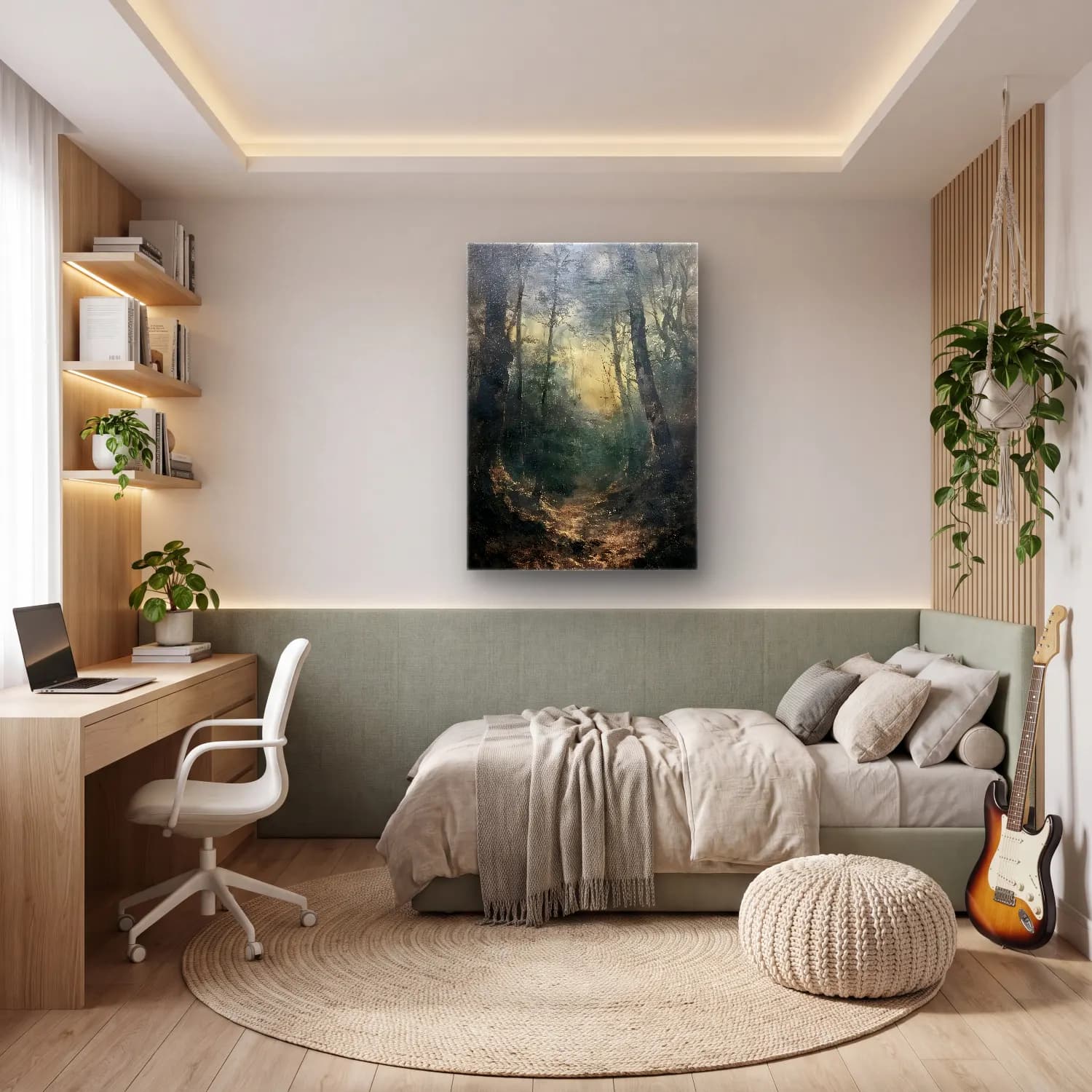 Yağlı Boya Sisli Orman – Pastel Tonlar cam tablo — genç odasında