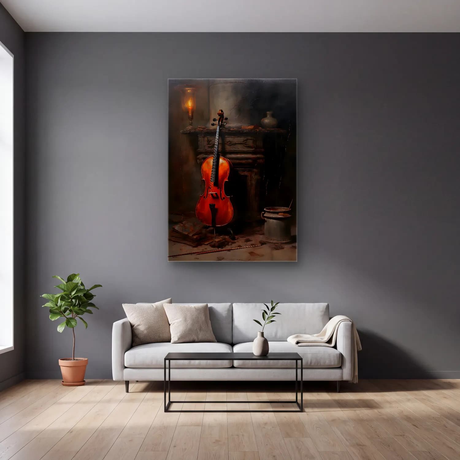 Yağlı Boya Gitar cam tablo — gri duvarlı salonda