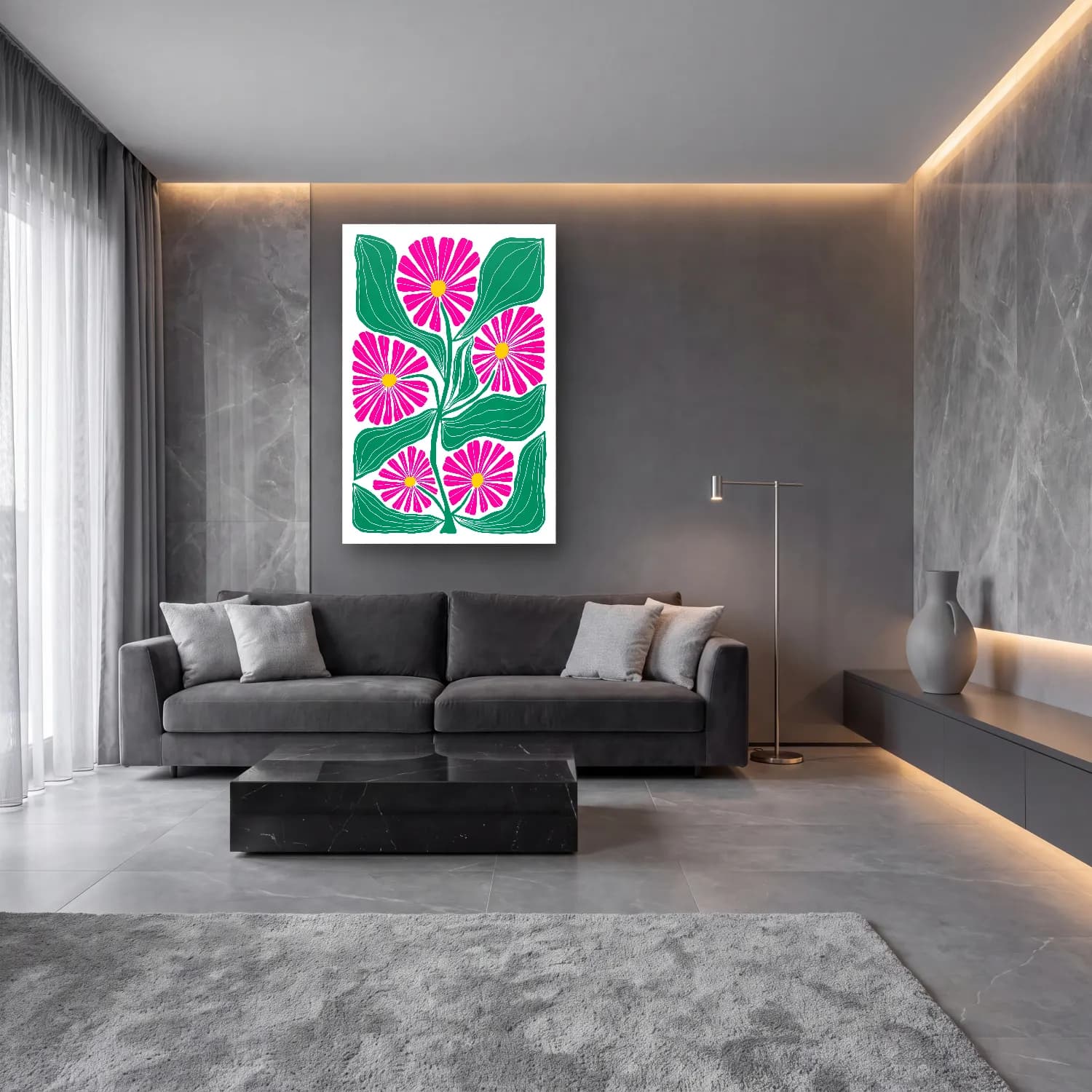 Retro Çiçek Deseni No. 4 cam tablo — lüks salon duvarında