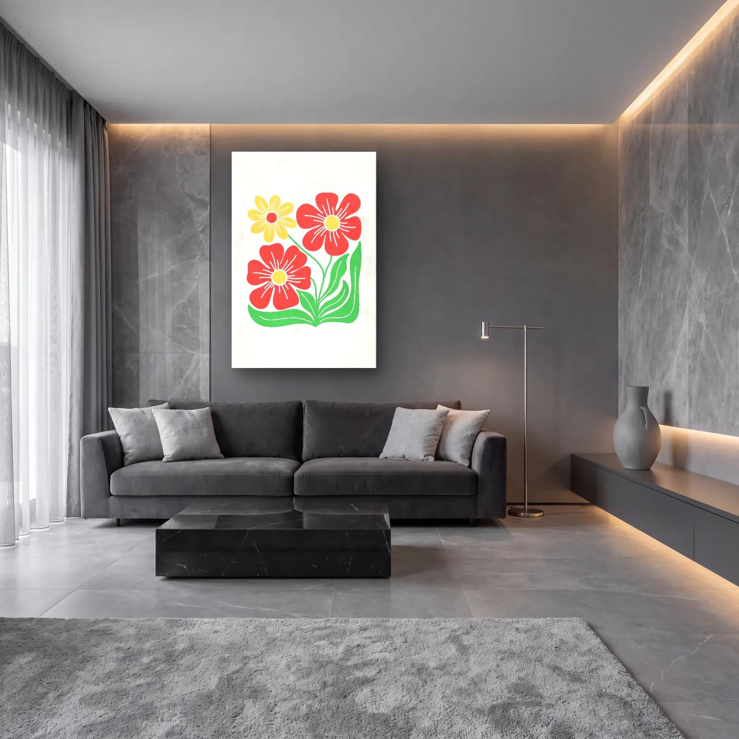Pastel Çiçek Deseni No. 12 cam tablo — lüks salon duvarında