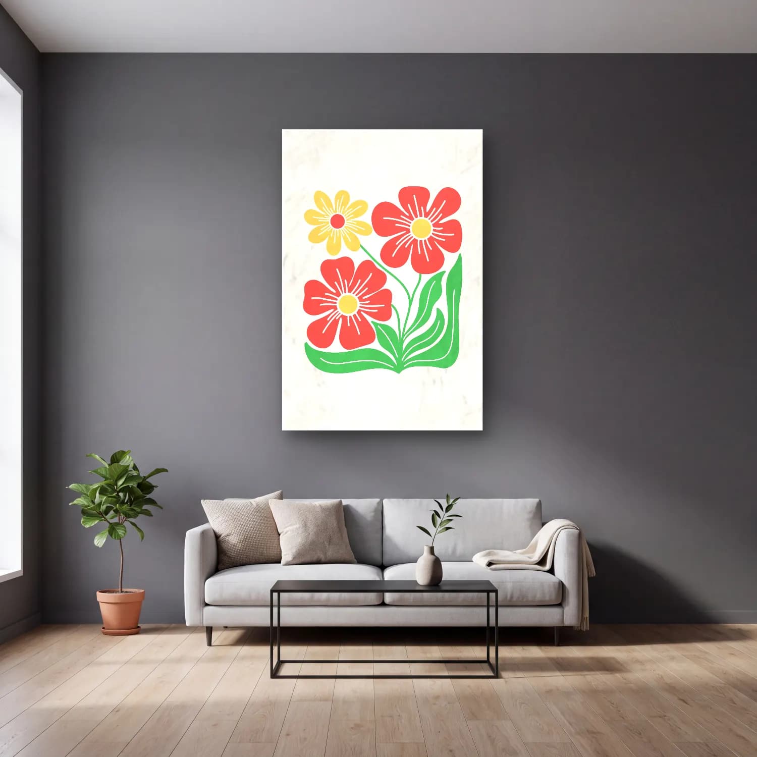 Pastel Çiçek Deseni No. 12 cam tablo — gri duvarlı salonda