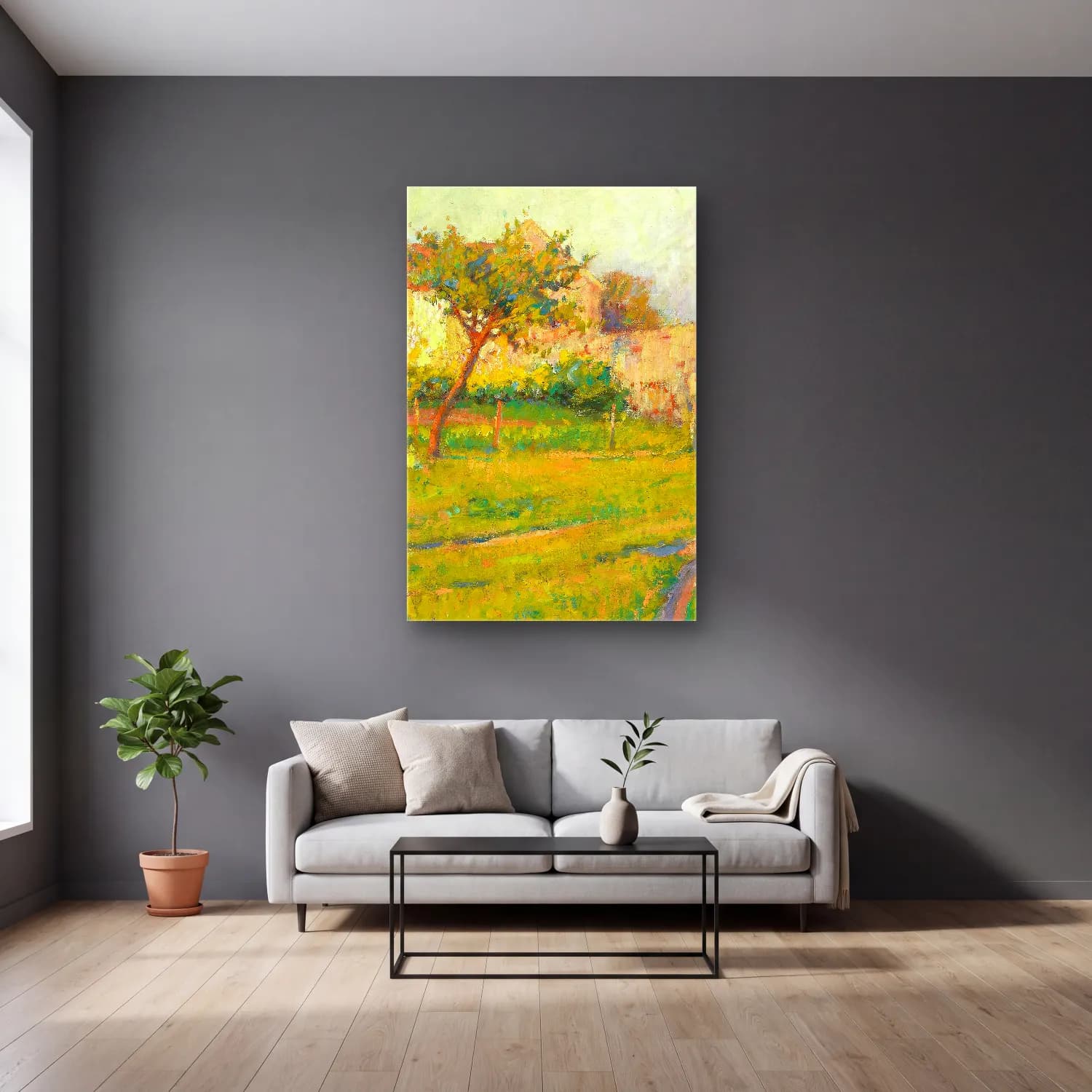 Robert William Vonnoh – Spring in France – Pastel Tonlar cam tablo — gri duvarlı salonda