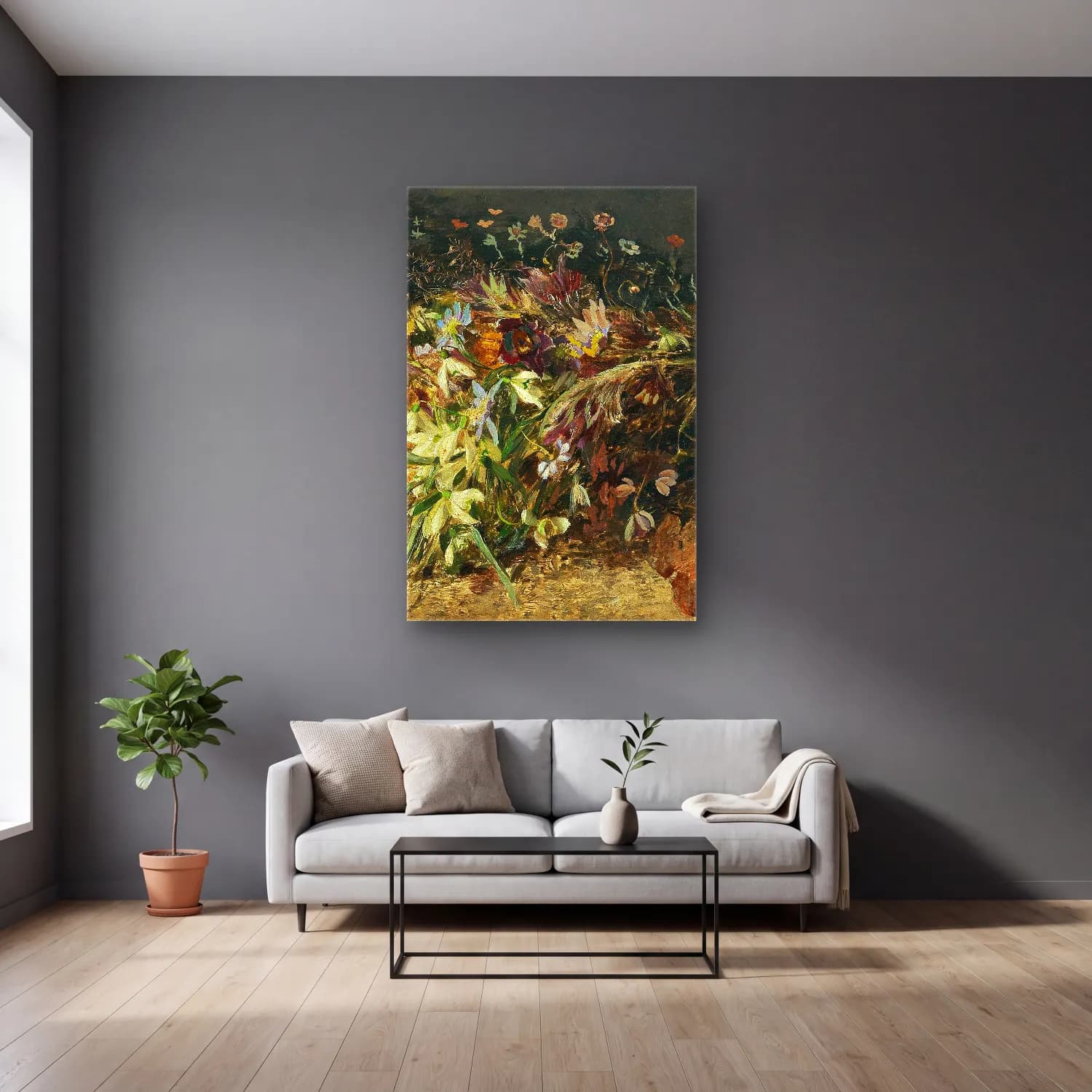 Olga Wisinger-Florian – A bouquet of spring flowers with snowdrops cam tablo — gri duvarlı salonda
